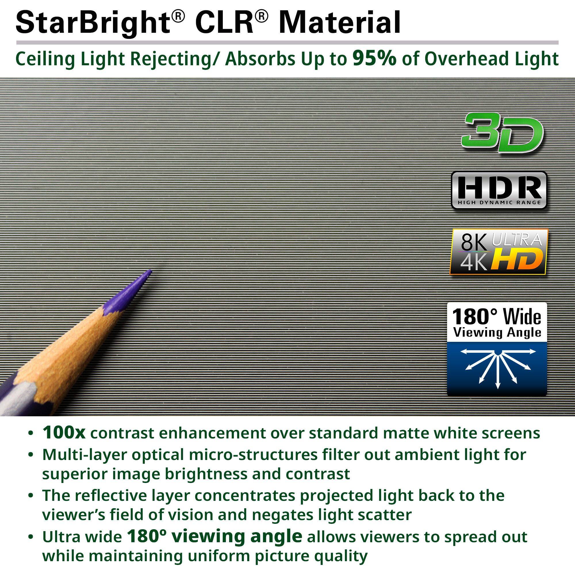 **StarBright® CLR® Material**

Ceiling Light Rejecting/ Absorbs Up to 95% of Overhead Light

- 100x contrast enhancement over standard matte white screens
- Multi-layer optical micro-structures filter out ambient light for superior image brightness and contrast
- The reflective layer concentrates projected light back to the viewer's field of vision and negates light scatter
- Ultra wide 180° viewing angle allows viewers to spread out while maintaining uniform picture quality

**Features:**
- 3D
- HDR (High Dynamic Range)
- 8K Ultra 4K HD
- 180° Wide Viewing Angle
