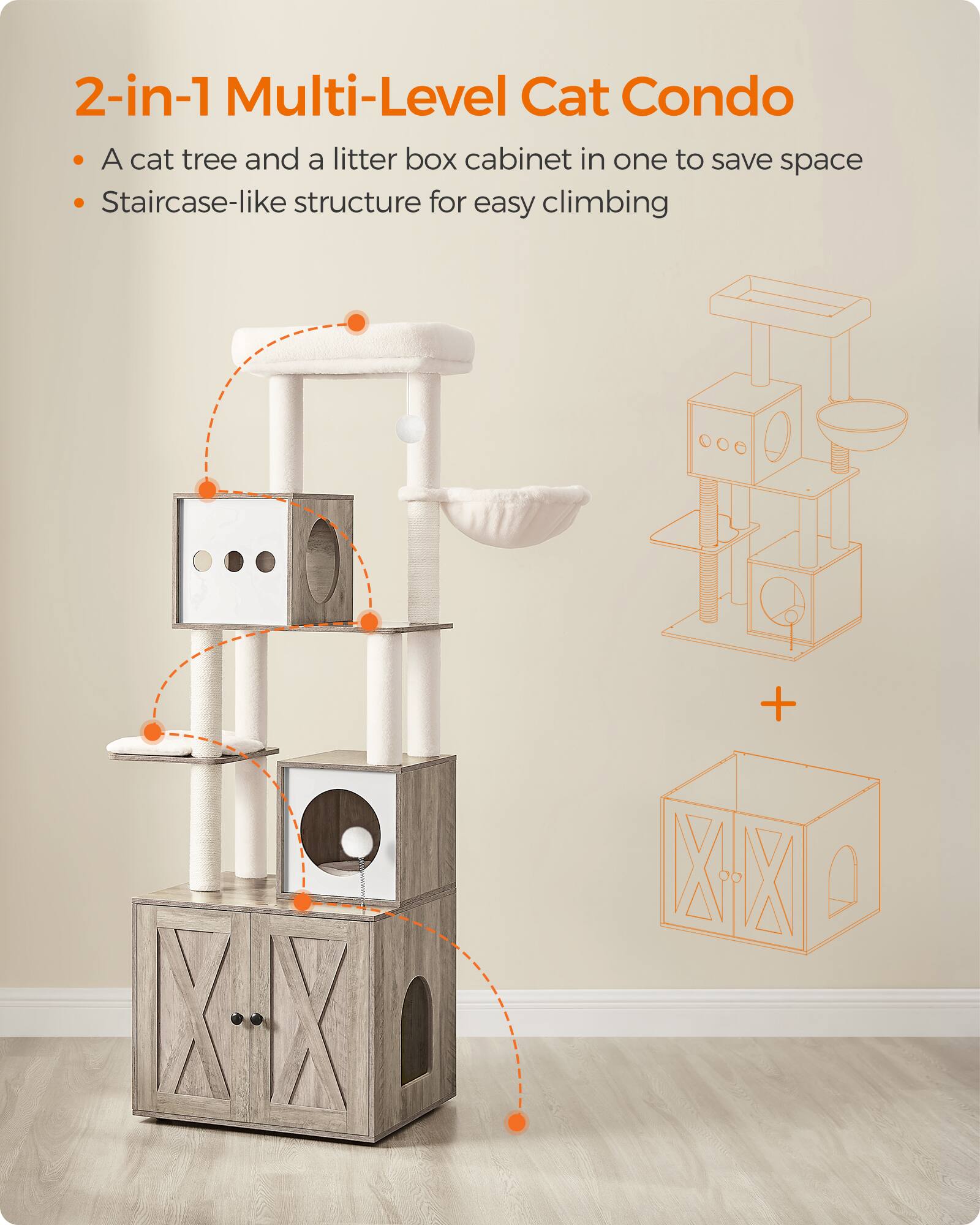 2-in-1 Multi-Level Cat Condo

- A cat tree and a litter box cabinet in one to save space
- Staircase-like structure for easy climbing