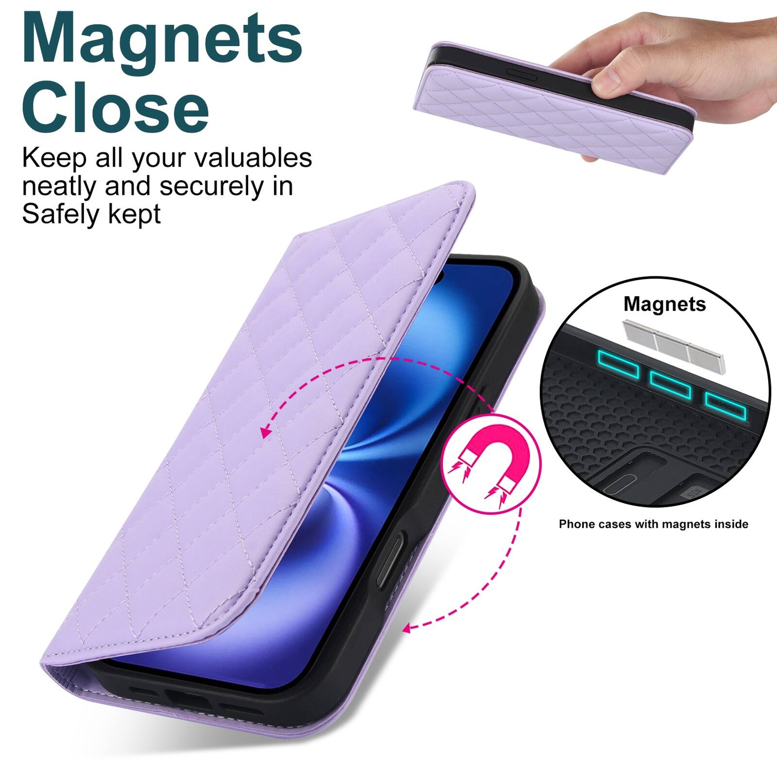 Magnets Close  
Keep all your valuables neatly and securely in Safely kept  
Magnets  
Phone cases with magnets inside