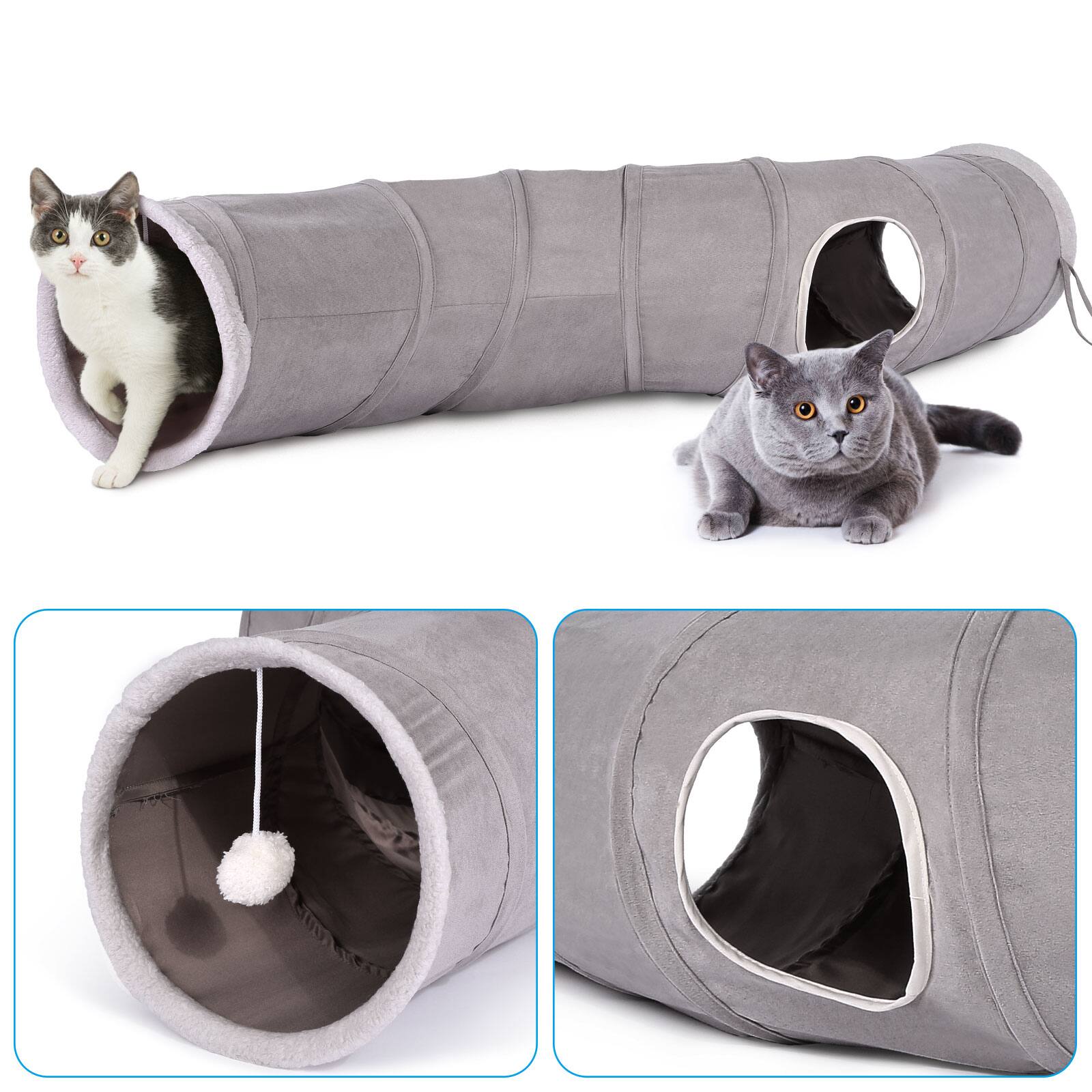 Alt View 5. Ownpets - 48" Long Collapsible Cat Tunnel with Plush Ball & Feather Toy - Grey.