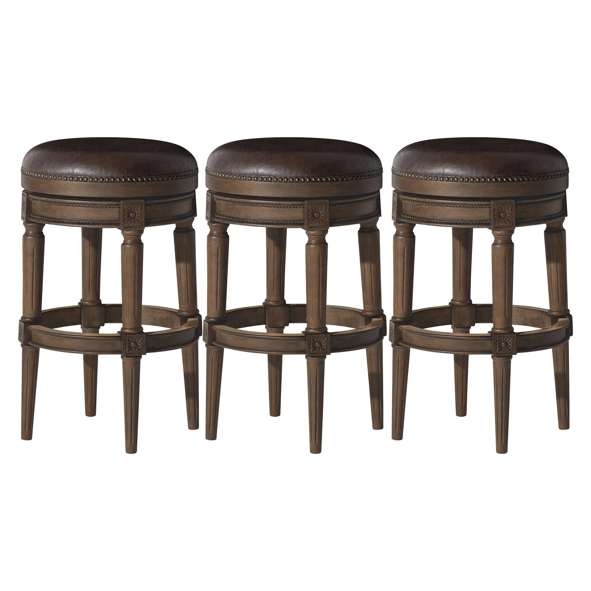 Front. Maven Lane - Maven Lane Pullman Backless Bar Stool in Walnut Finish w/ Marksman Saddle Vegan Leather, Set of 3 - Walnut.