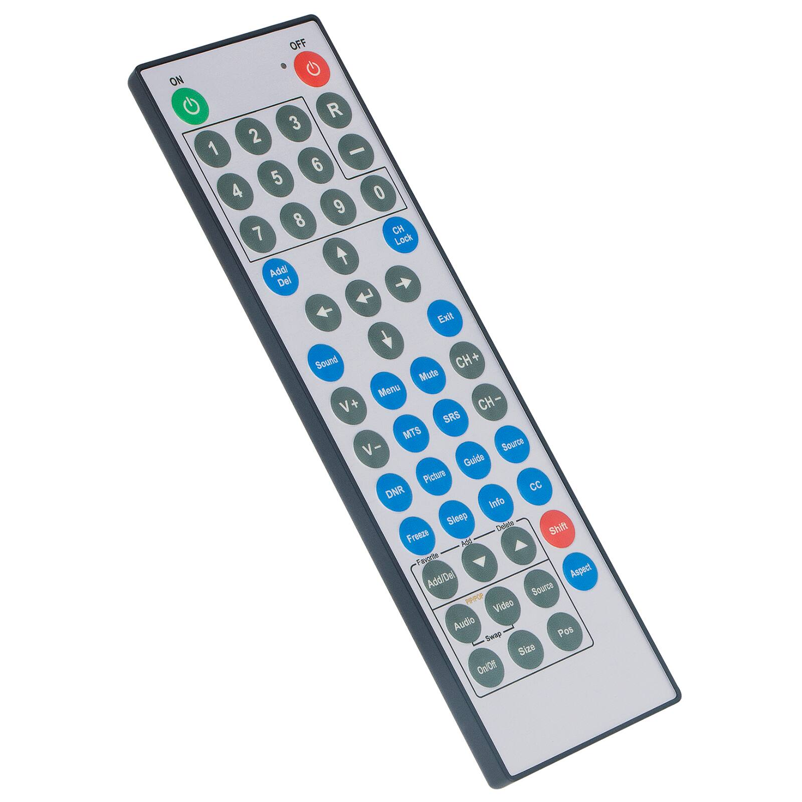 OFF ON R 3 2 1 - 6 5 4 0 9 8 7 CH Lock Addi Del  Exit Sound CH+ Mute Menu V + CH- SRS MTS V- Source Guide Pictor DNR CC Info Sleep Delete Freeze Shift F Add FRrts Add/Del Aspect Source PR9OF Video Audio Pos Swap Size On/Off