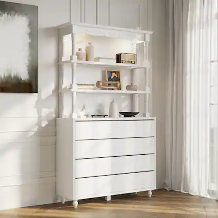 Front. Famapy - Display Cabinet with LED Lights, Carved Storage Cabinet for Living Room, Bedroom, Office - White.