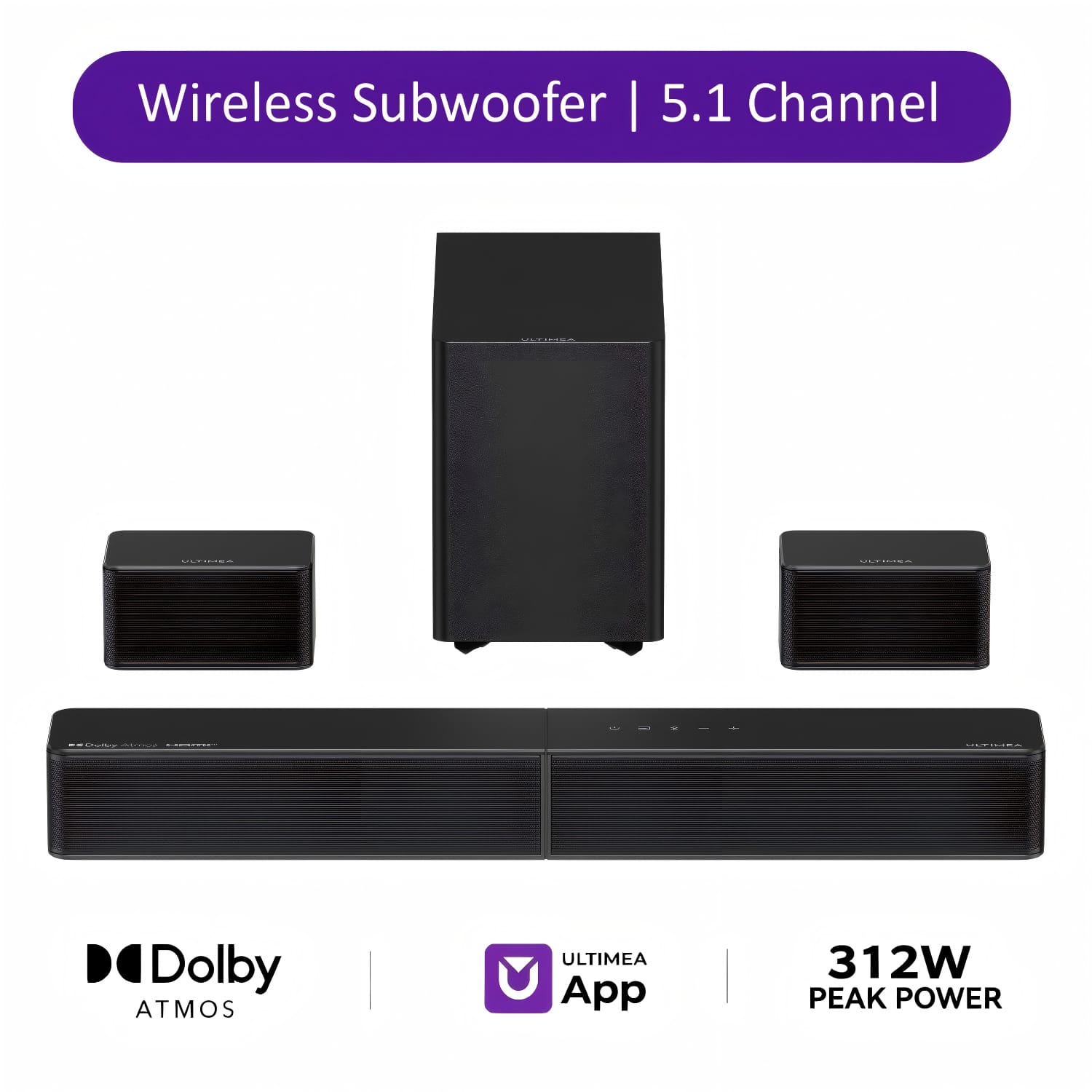 Ultimea - Poseidon R5T 5.1 Channel Dolby Atmos Soundbar System, 312W, 5.25" Wireless Subwoofer, Rear Surround Speakers, HDMI eARC