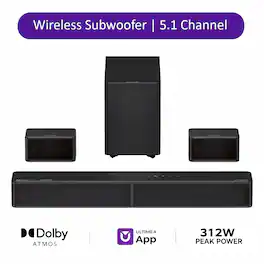 Ultimea - 5.1Ch Dolby Atmos Soundbar System, 5.25" Wireless Subwoofer, Rear Surround Speakers, HDMI eARC, 312W, Poseidon Series - Black