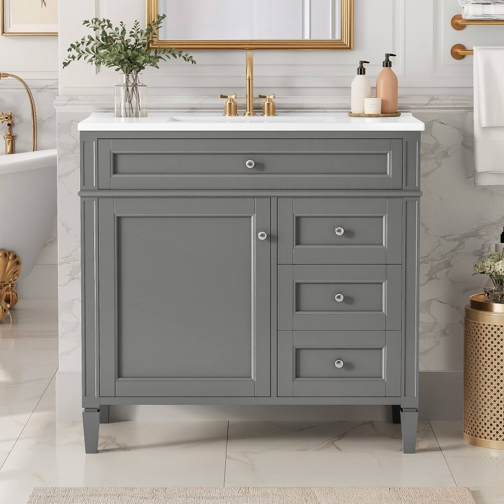 Loheer - 36 Inch Bathroom Vanity with Sink Grey Single Sink Bathroom Vanity Modern Solid Wood Cabinet - Gray