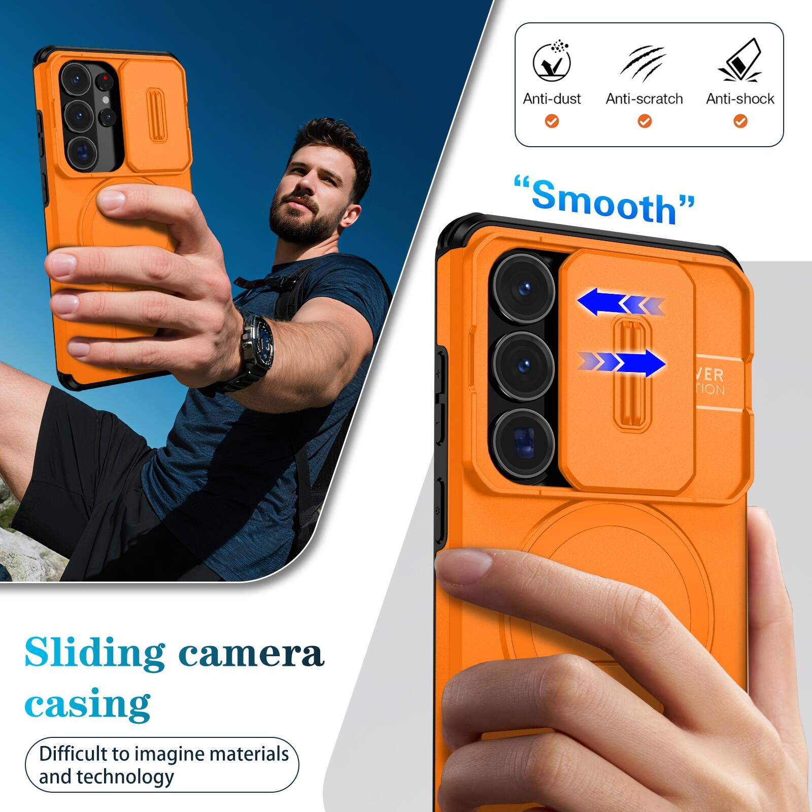 Anti-dust  
Anti-scratch  
Anti-shock  

"Smooth"  

Sliding camera casing  
Difficult to imagine materials and technology