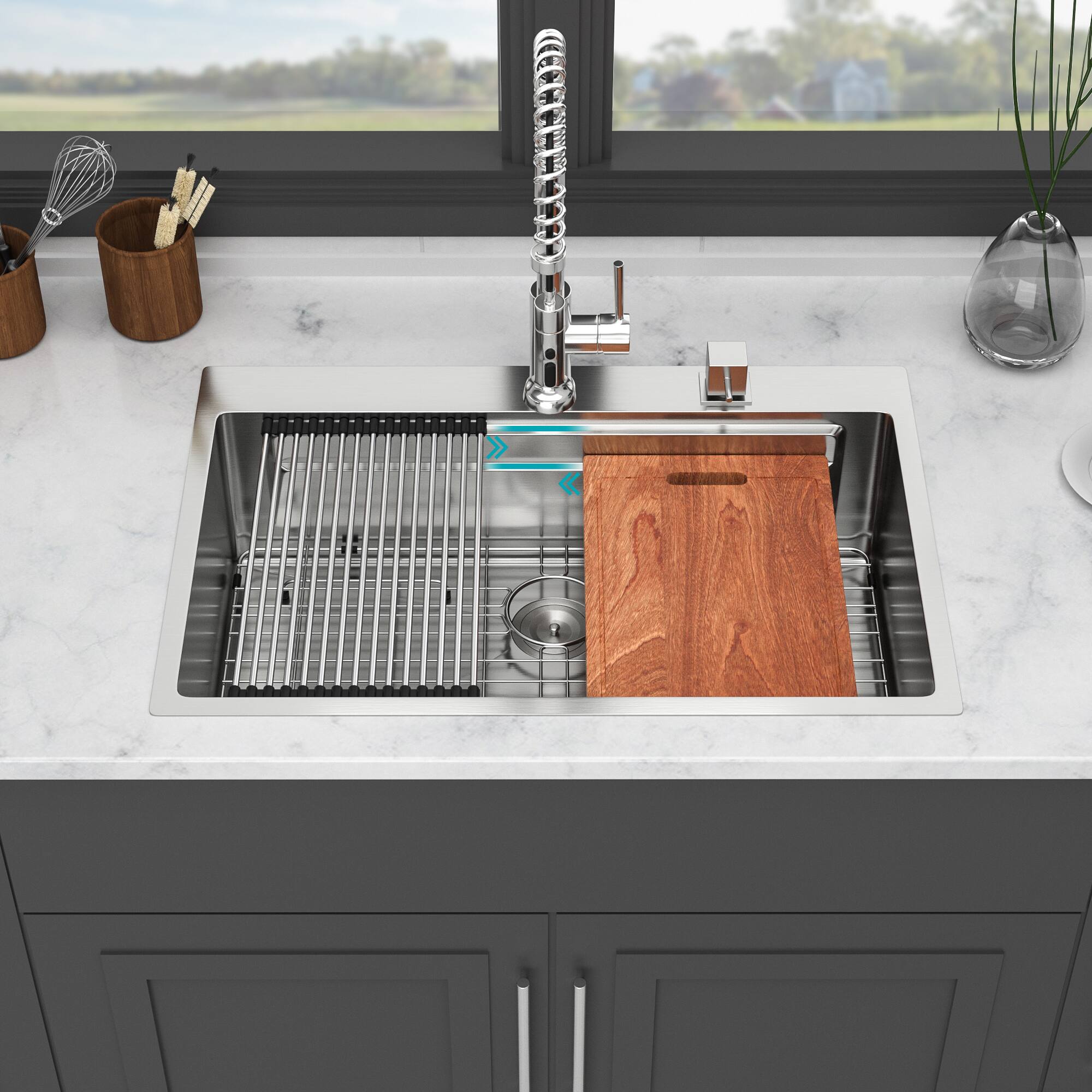 Front. Siljoy - 33" Drop in Kitchen Sink - 33 x 22 x 10 inch Topmount Single Bowl 16 Gauge Stainless Steel Ledge Workstation Sinks - Brushed Nickel.