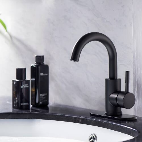 Left. JUJABU - Black Bathroom Faucet Single Hole Single Handle, Matte Black - Matte Black.