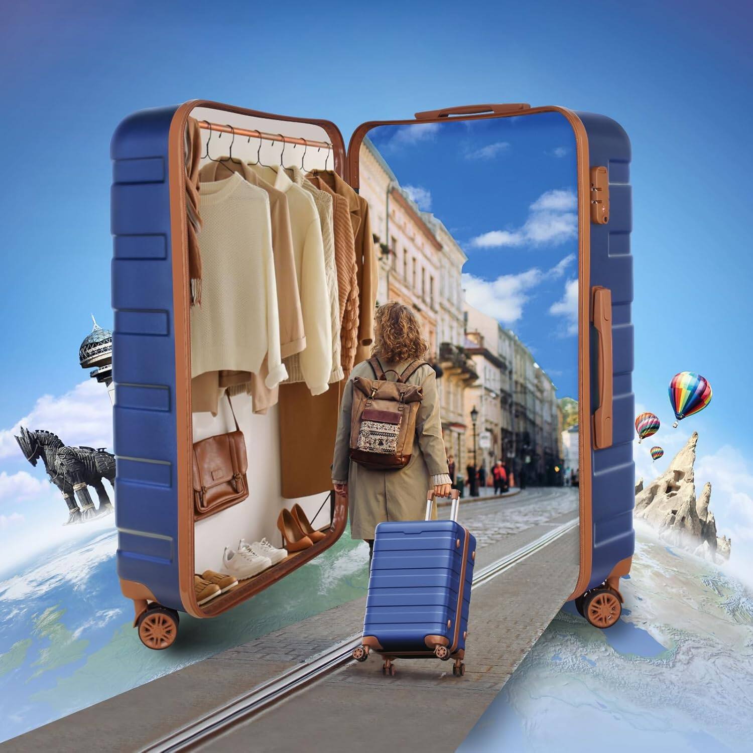 Alt View 4. Sugift - 3 Piece Hardshell Luggage Set with Spinner Wheels TSA Lock and Aluminum Telescopic Handle - Navy.