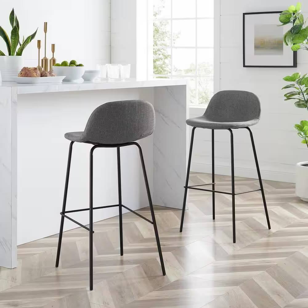 Angle. Hivvago - Set of 2 - Modern Low Back Barstool with Black Metal Frame and Grey Linen Seat - grey.