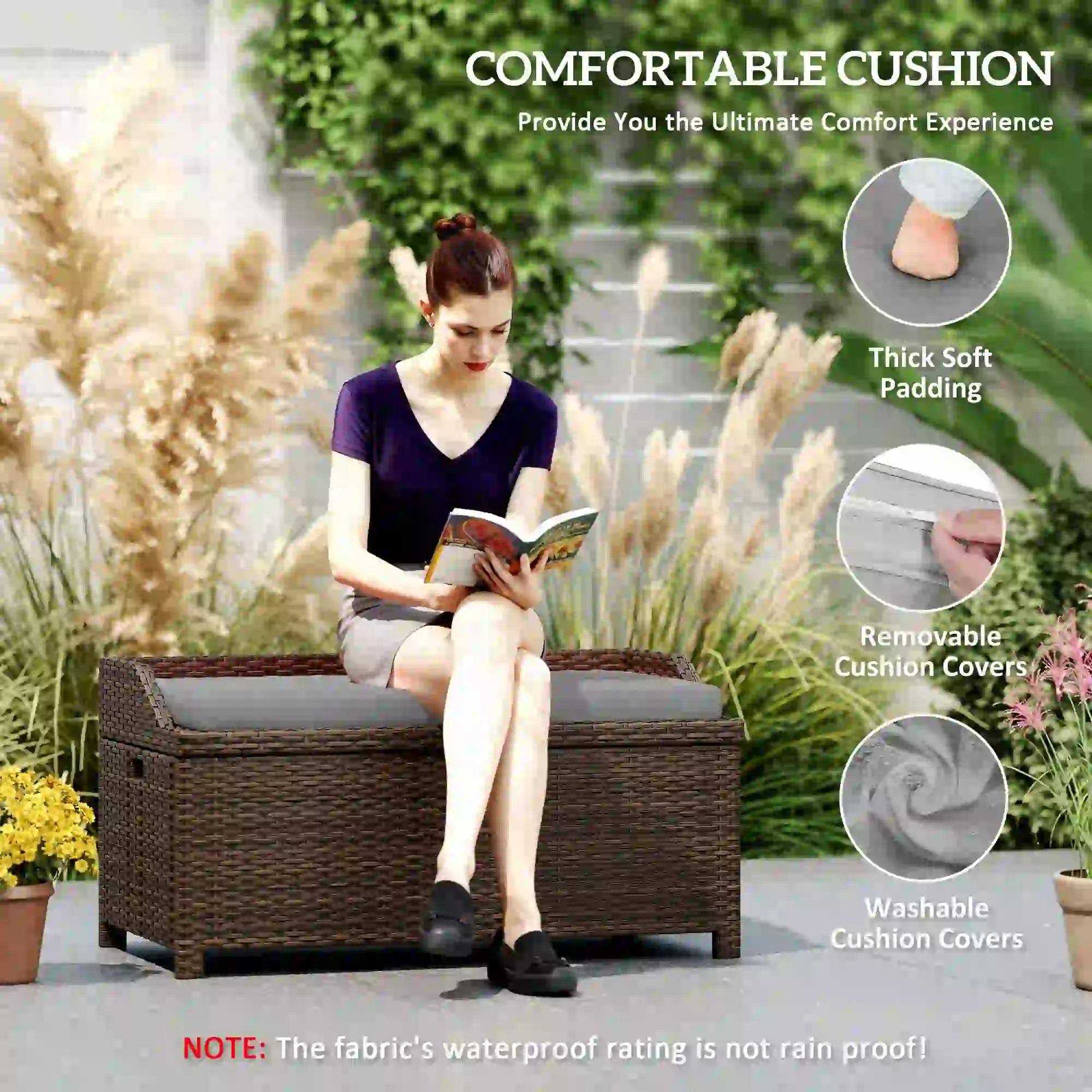 **COMFORTABLE CUSHION**  
Provide You the Ultimate Comfort Experience  

- Thick Soft Padding  
- Removable Cushion Covers  
- Washable Cushion Covers  

**NOTE:** The fabric's waterproof rating is not rain proof!