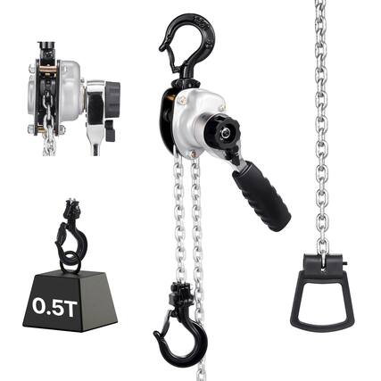 Front. VEVOR - Manual Lever Chain Hoist, 1/2T 1100LBS Capacity Come Along, 10FT Lift G80 Alloy Steel Chain With Dual Pawl Brake - Sliver and Black.