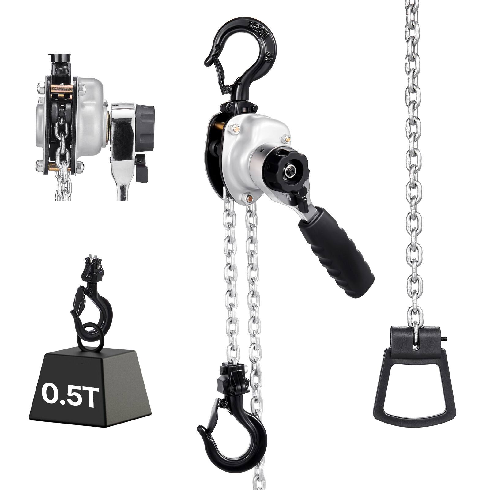 Front. VEVOR - Manual Lever Chain Hoist, 1/2T 1100LBS Capacity Come Along, 10FT Lift G80 Alloy Steel Chain With Dual Pawl Brake - Sliver and Black.