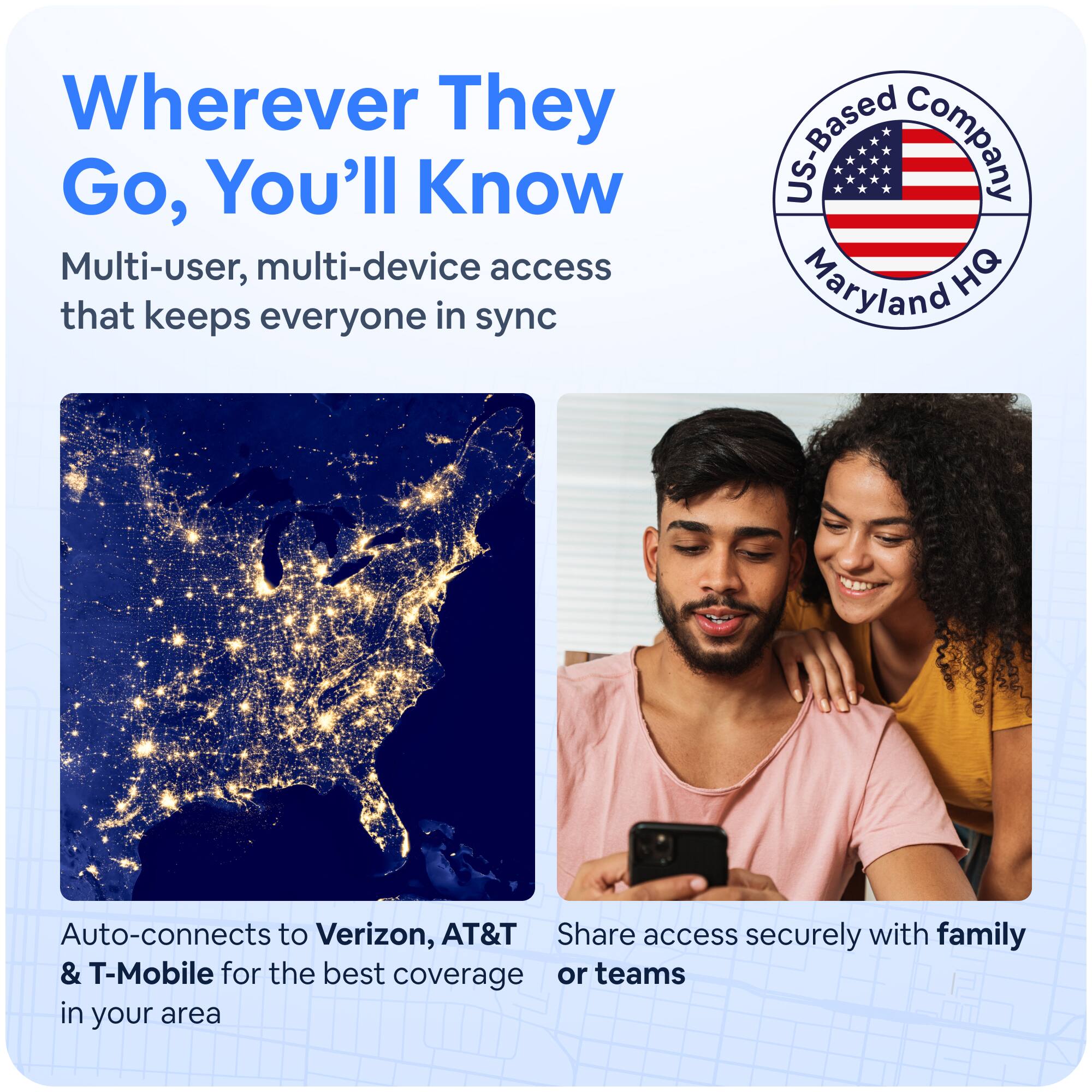 Wherever They Go, You'll Know
Multi-user, multi-device access that keeps everyone in sync
Auto-connects to Verizon, AT&T & T-Mobile for the best coverage in your area
Share access securely with family or teams
U.S.-Based Company Maryland HQ