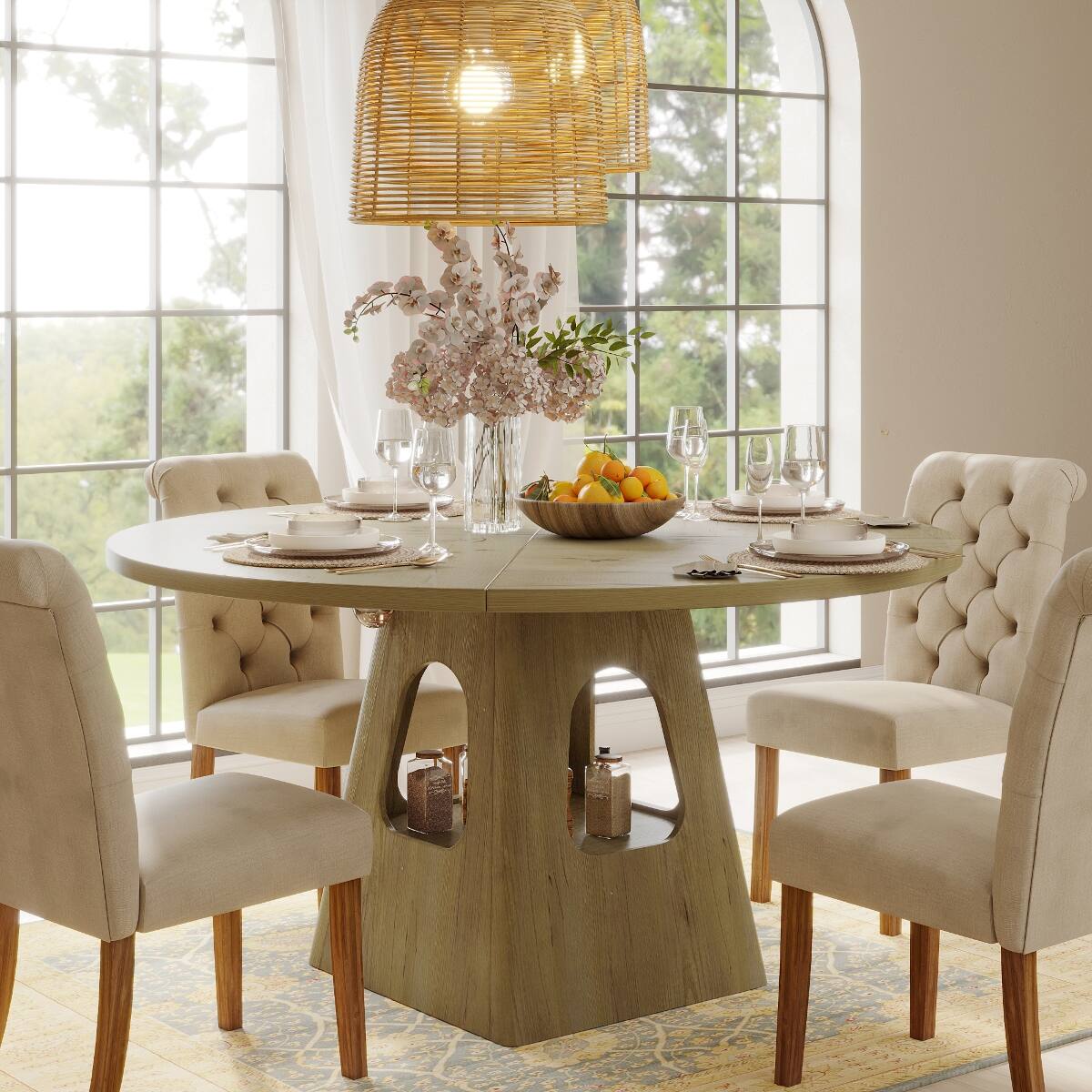 Left. Loheer - Loheer 47-Inch Round Dining Table with Natural MDF Top and Storage Shelf - Natural.