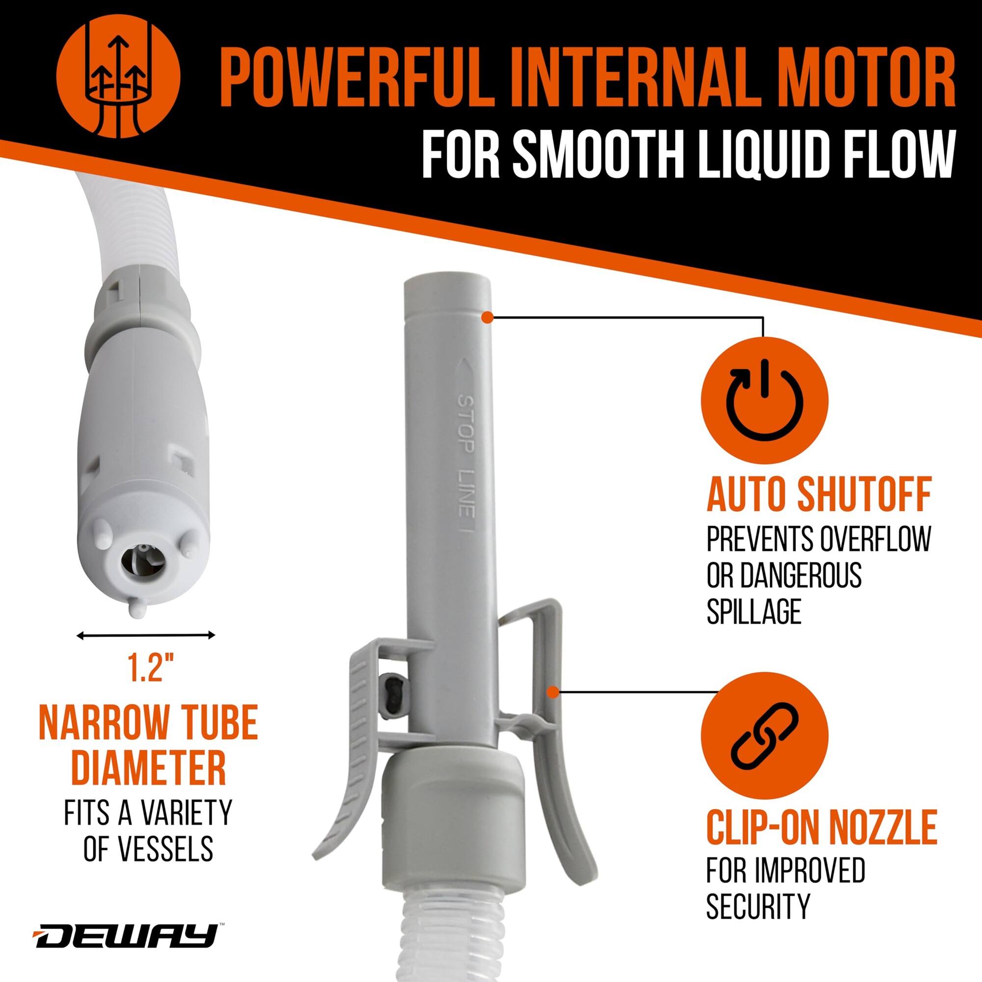 POWERFUL INTERNAL MOTOR FOR SMOOTH LIQUID FLOW
1.2" NARROW TUBE DIAMETER FITS A VARIETY OF VESSELS
DEWAY
STOP LINE
AUTO SHUTOFF PREVENTS OVERFLOW OR DANGEROUS SPILLAGE
CLIP-ON NOZZLE FOR IMPROVED SECURITY