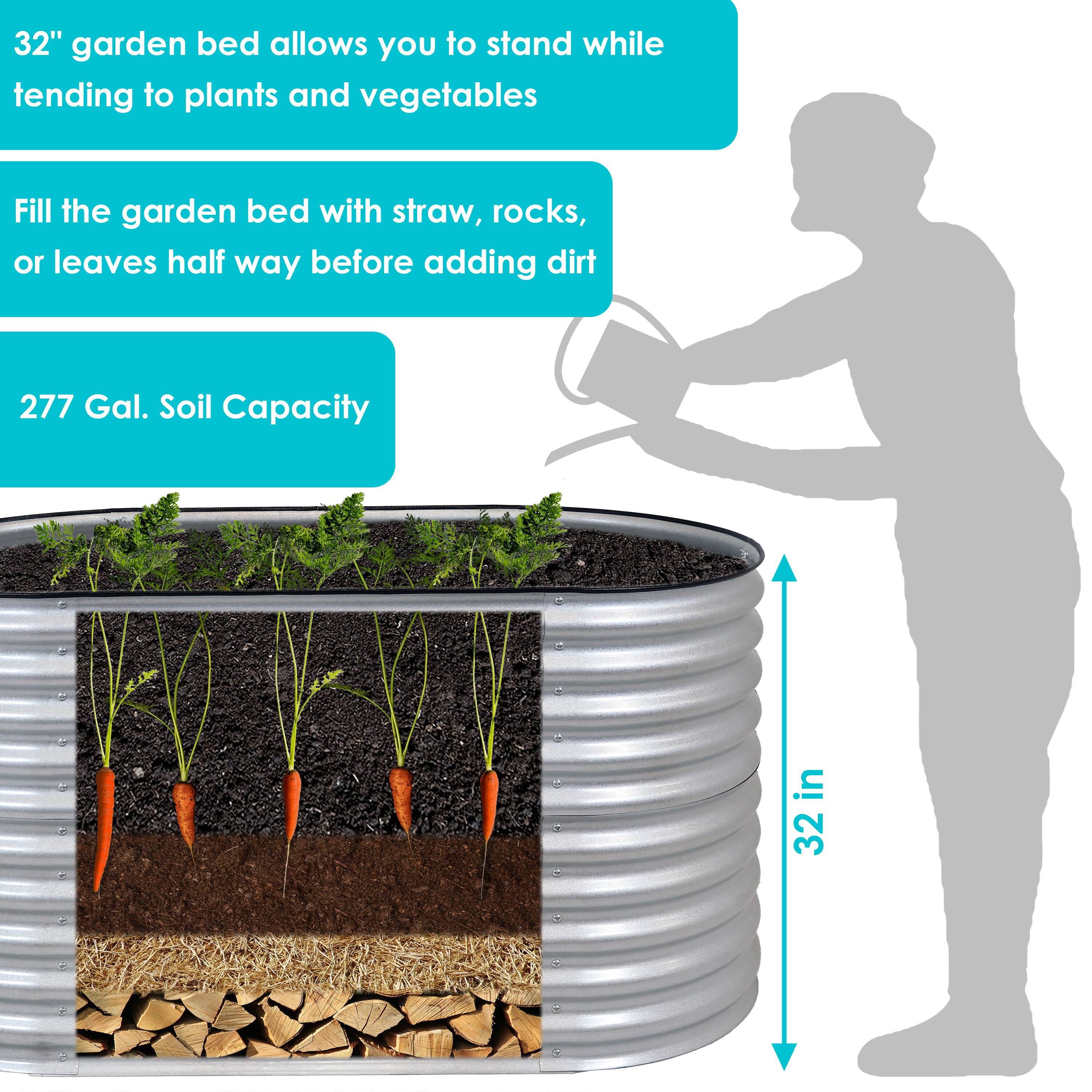 32" garden bed allows you to stand while tending to plants and vegetables

Fill the garden bed with straw, rocks, or leaves half way before adding dirt

277 Gal. Soil Capacity