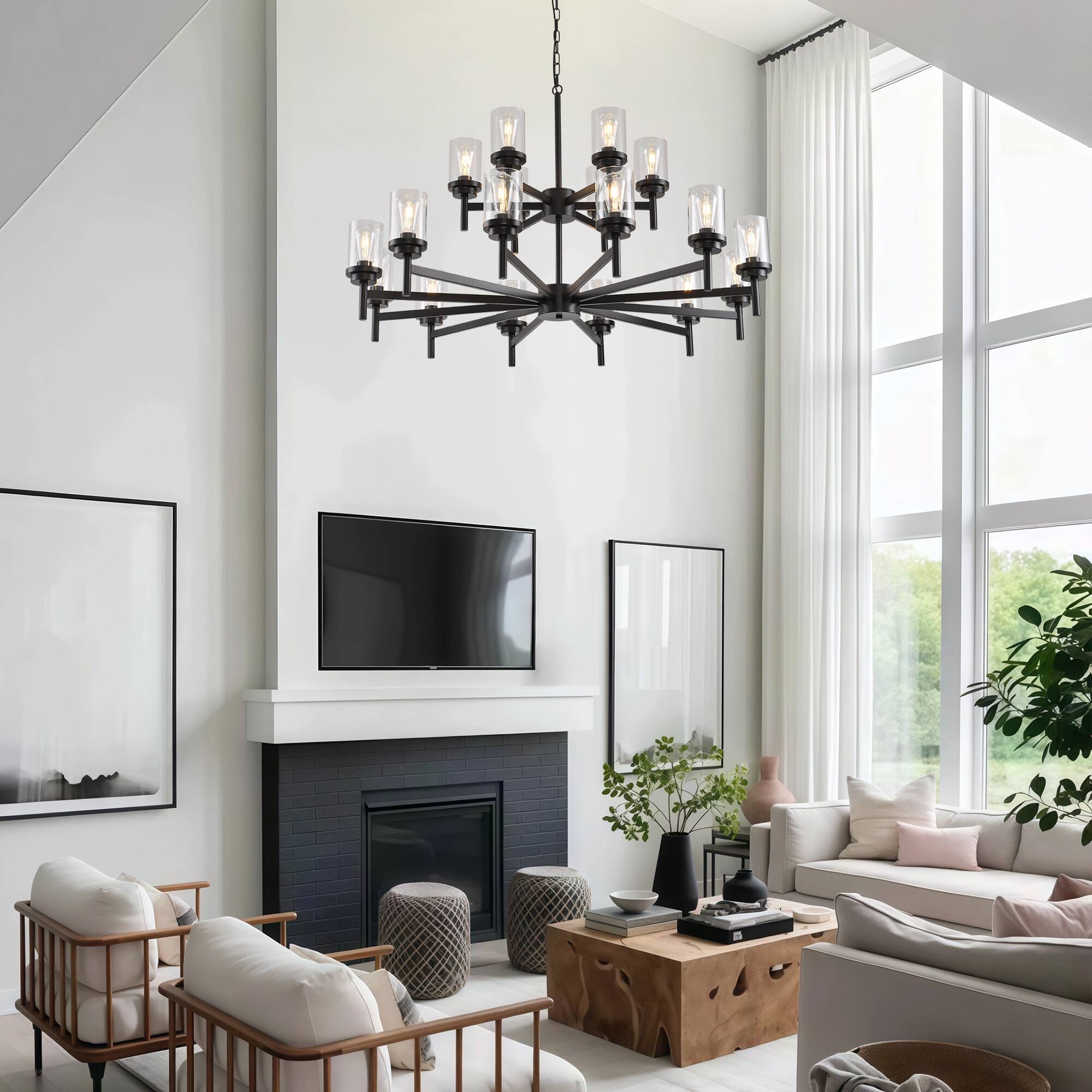 Angle. RYHNUYNE - 18-Light Dining Room Light Fixture Over Table,Black Farmhouse Glass Chandelier,Industrial Lighting for Living Room Foyer - Black.