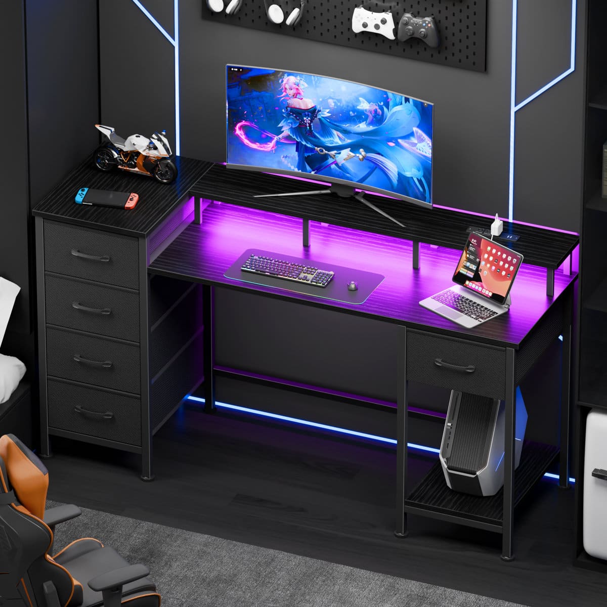 Furnulem - 47 Inches Computer Desk with Monitor Stand Charging Station LED Lights Gaming Desk with Drawers for Home Office - Black