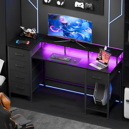 Front. Furnulem - 47 Inches Computer Desk with Monitor Stand Charging Station LED Lights Gaming Desk with Drawers for Home Office - Black.