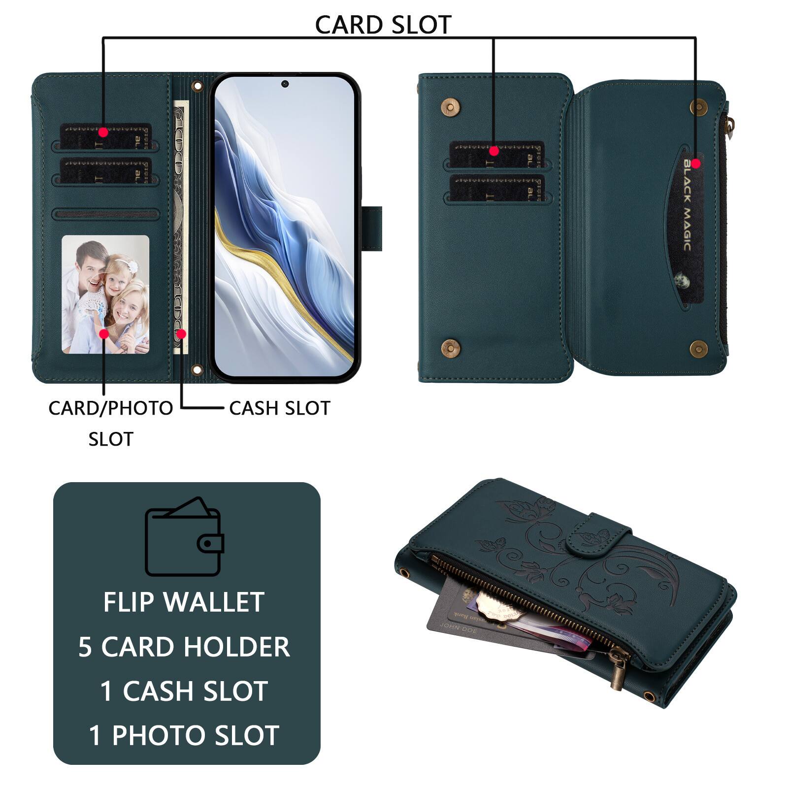 CARD SLOT  
CARD/PHOTO SLOT  
CASH SLOT  

FLIP WALLET  
5 CARD HOLDER  
1 CASH SLOT  
1 PHOTO SLOT  

BLACK MAGIC