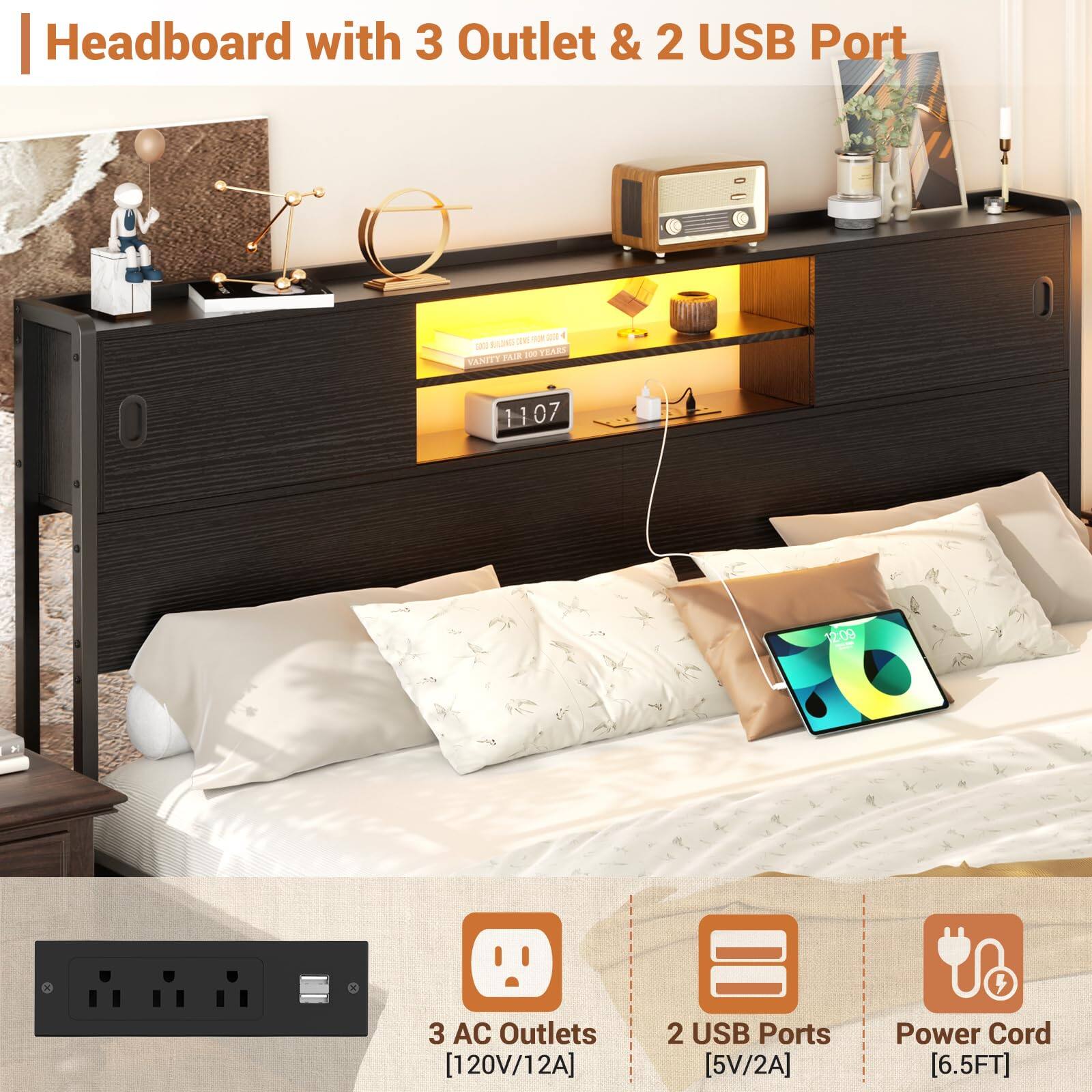 Headboard with 3 Outlet & 2 USB Port

- 3 AC Outlets [120V/12A]
- 2 USB Ports [5V/2A]
- Power Cord [6.5FT]