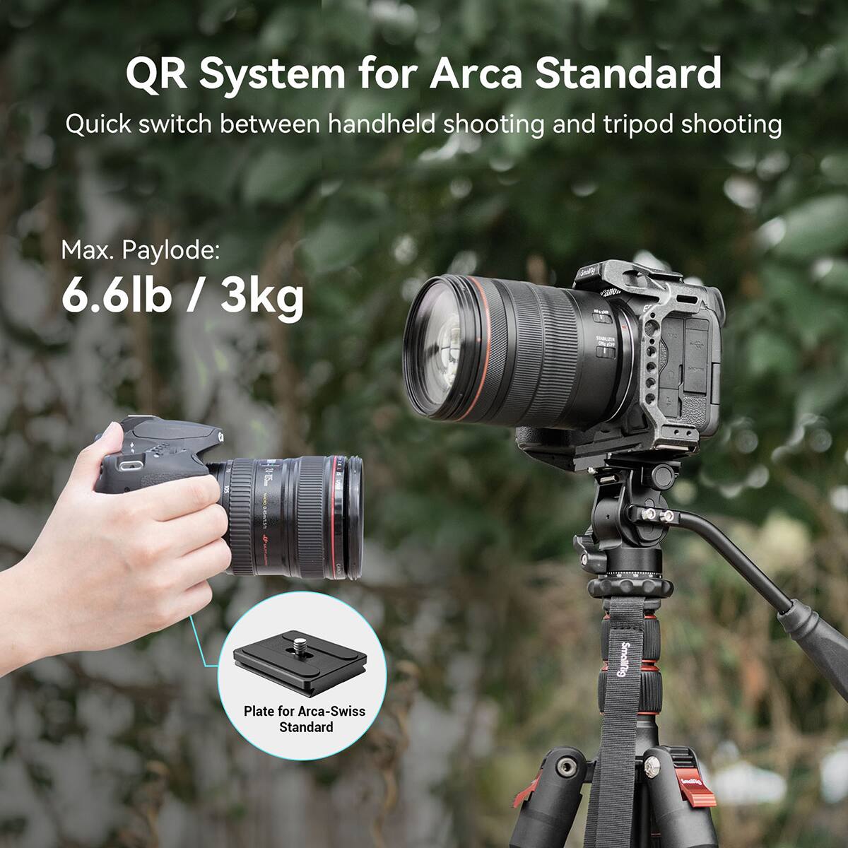 QR System for Arca Standard  
Quick switch between handheld shooting and tripod shooting  
Max. Payload: 6.6lb / 3kg  
Small Plate for Arca-Swiss Standard