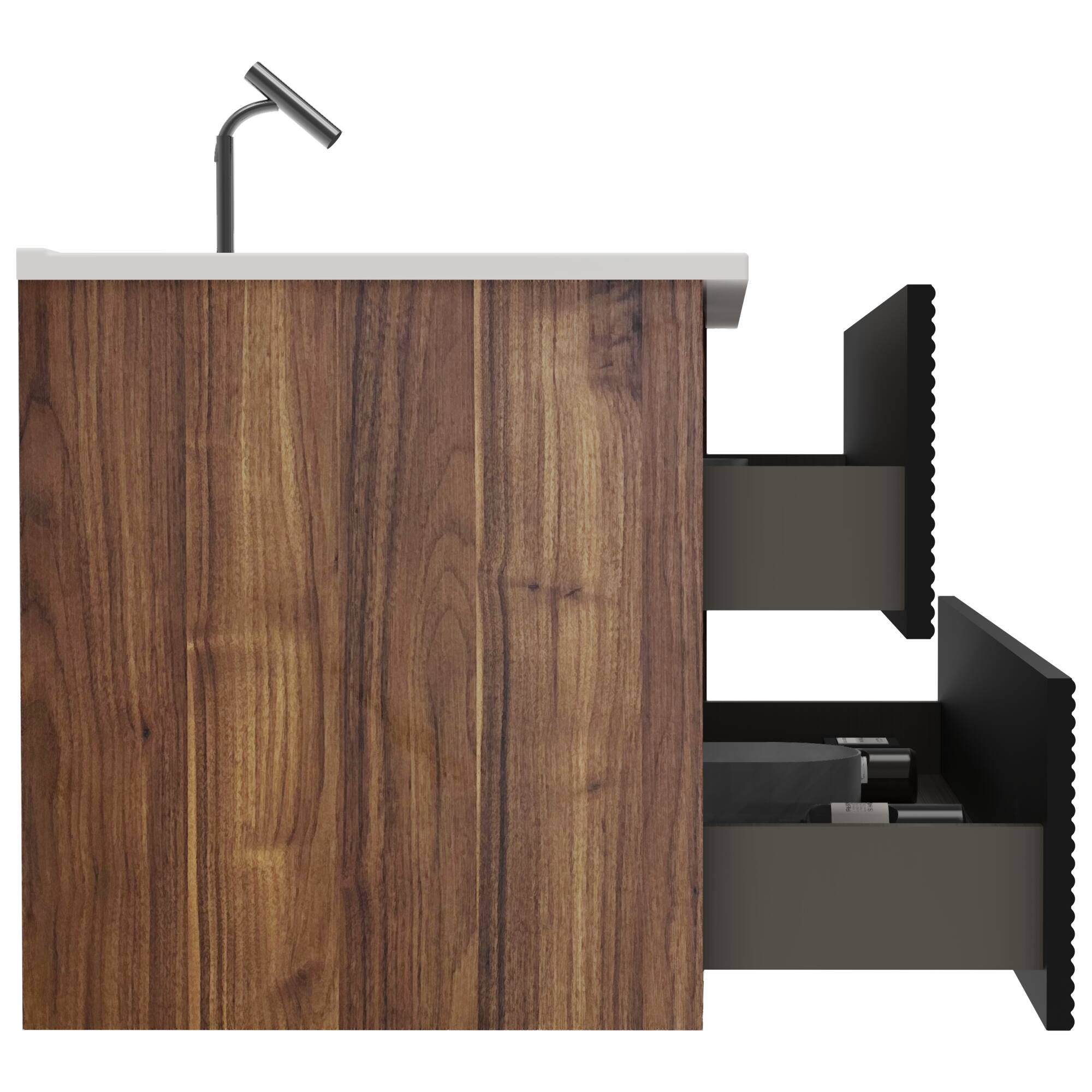 Alt View 3. Boyel Living - 24 Inch Wall Mounted Soft Black & Walnut Bathroom Vanity with Integrated Ceramic Sink / Large Storage, Pre-Assembled - Black+Brown.