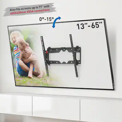 Also fits screens up to 77" with 400X400mm VESA connections
0°-15°
13"-65"