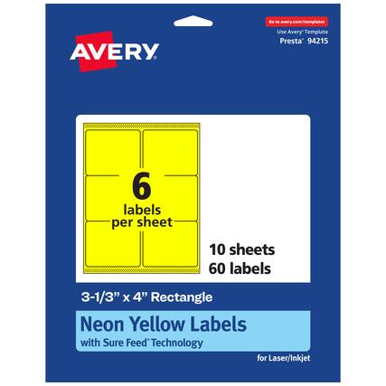 Go to avery.com/templates
AVERY
Use Avery Template Presta* 94215
6 labels per sheet
10 sheets 60 labels
3-1/3" x 4" Rectangle
Neon Yellow Labels with Sure Feed Technology for Laser/Inkjet