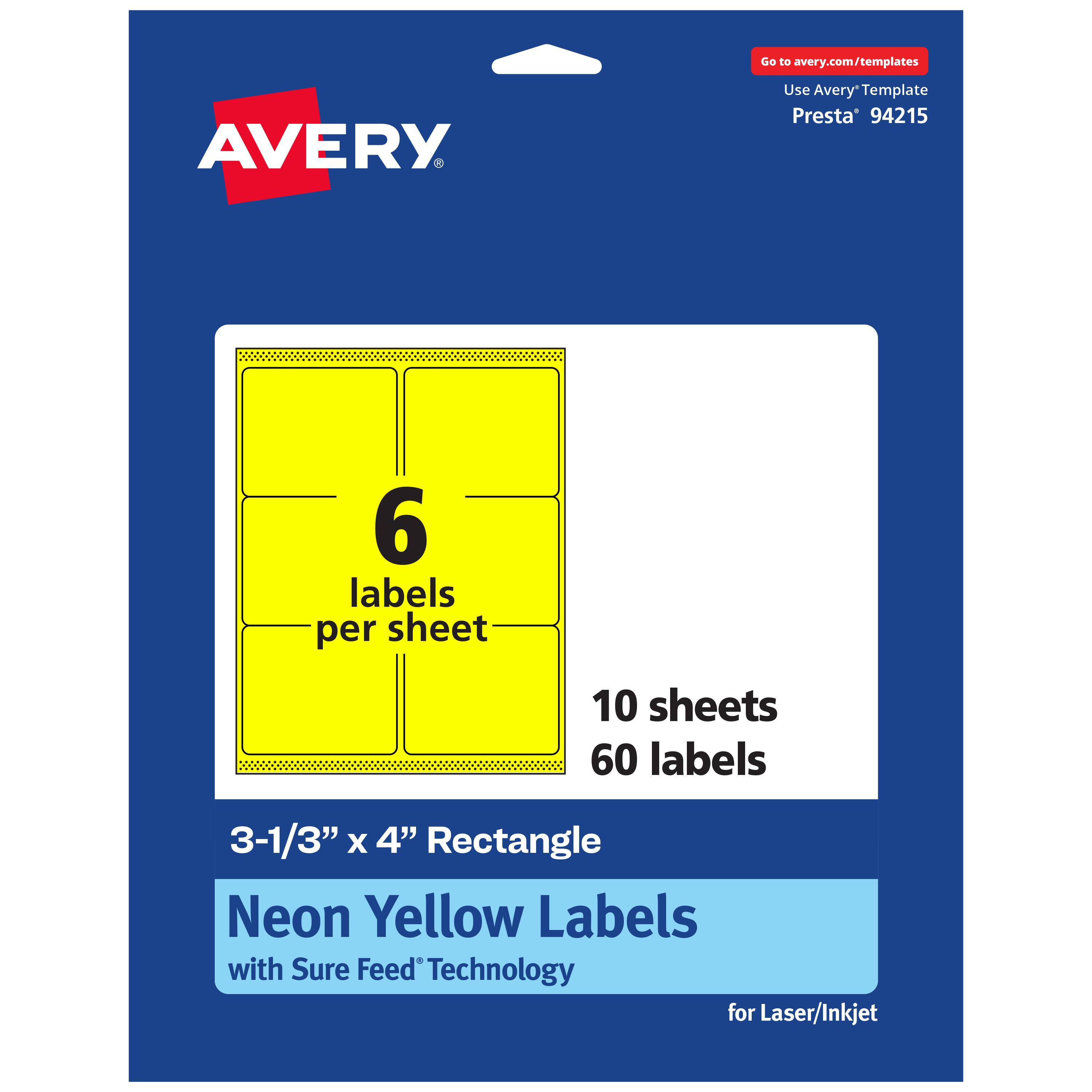 Go to avery.com/templates  
AVERY  
Use Avery Template Presta* 94215  
6 labels per sheet  
10 sheets 60 labels  
3-1/3" x 4" Rectangle  
Neon Yellow Labels with Sure Feed Technology for Laser/Inkjet