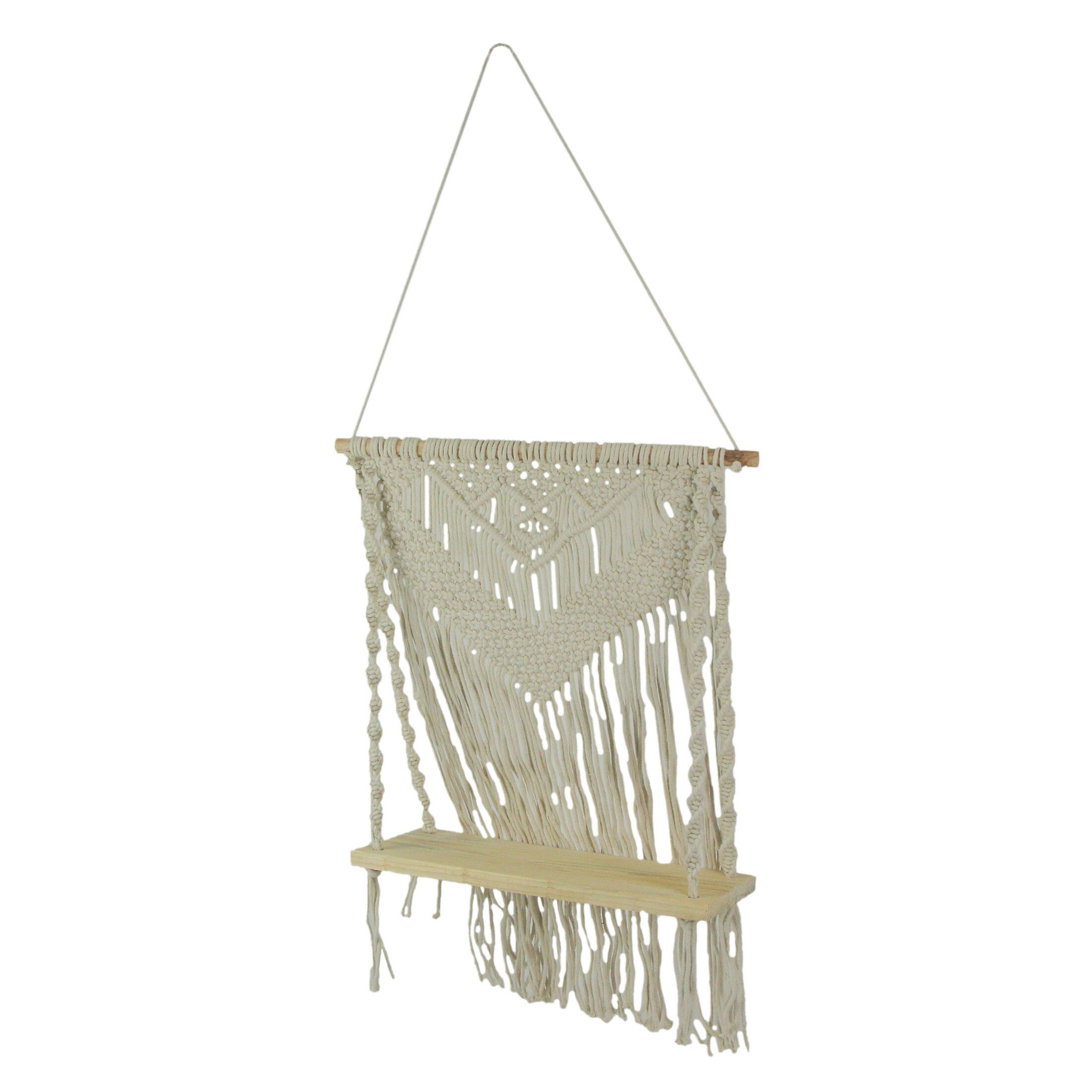 Things2Die4 - Boho Style Hand Tied Macrame Wall Hanging With Wooden Shelf - Brown
