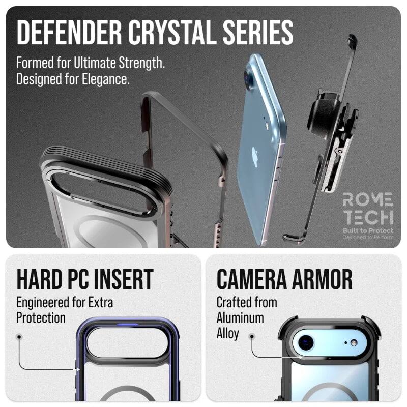 DEFENDER CRYSTAL SERIES  
Formed for Ultimate Strength.  
Designed for Elegance.  

ROVE TECH  
Built to Protect  
Designed to Perform  

HARD PC INSERT  
Engineered for Extra Protection  

CAMERA ARMOR  
Crafted from Aluminum Alloy