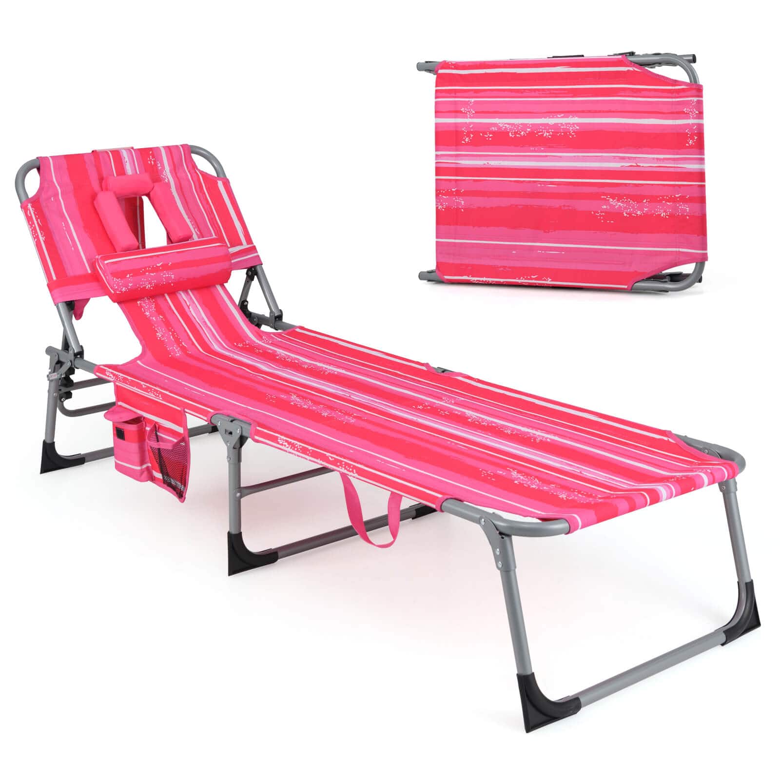 Gymax - Patio Beach Lounge Chair Folding Chaise Lounge w/ Pillow - Hot Pink price history on PriceWatchPro