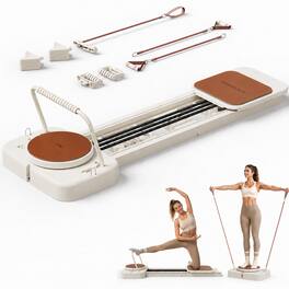 FED Fitness - PF1 Pilates Reformer Machine with Extended Slide Rail,Full Body Core Training Equipment with Twisting Board - Beige/brown