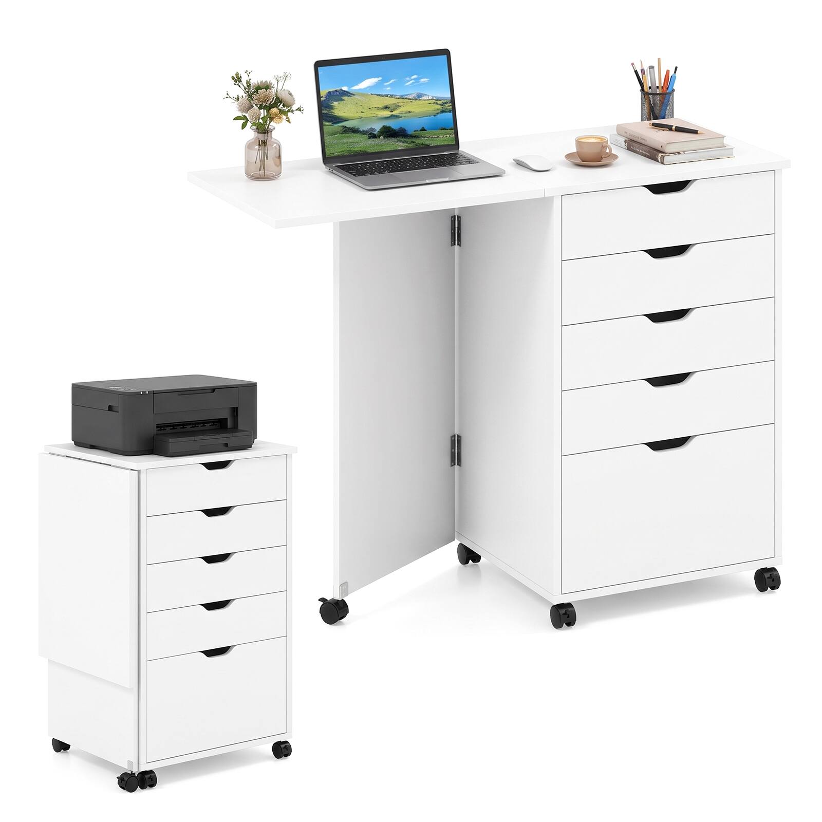 Costway Folding Desk with Storage Drawers & Wheels, Foldable Drop Leaf ...