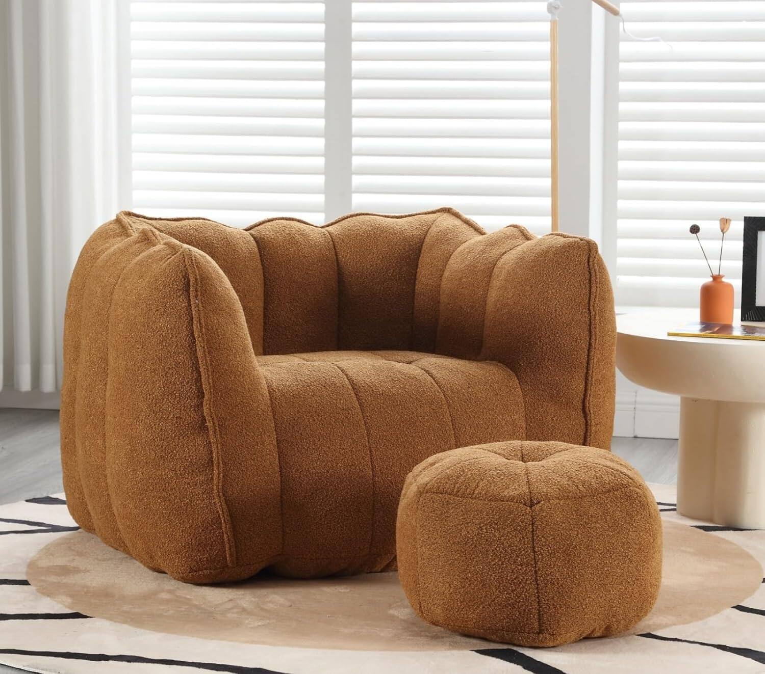 Trinkets Crazed - Chenille Giant Bean Bag Sleeper Chair with Ottoman, Adults and Kids Lazy Floor Sofa Couch - khaki+yellow