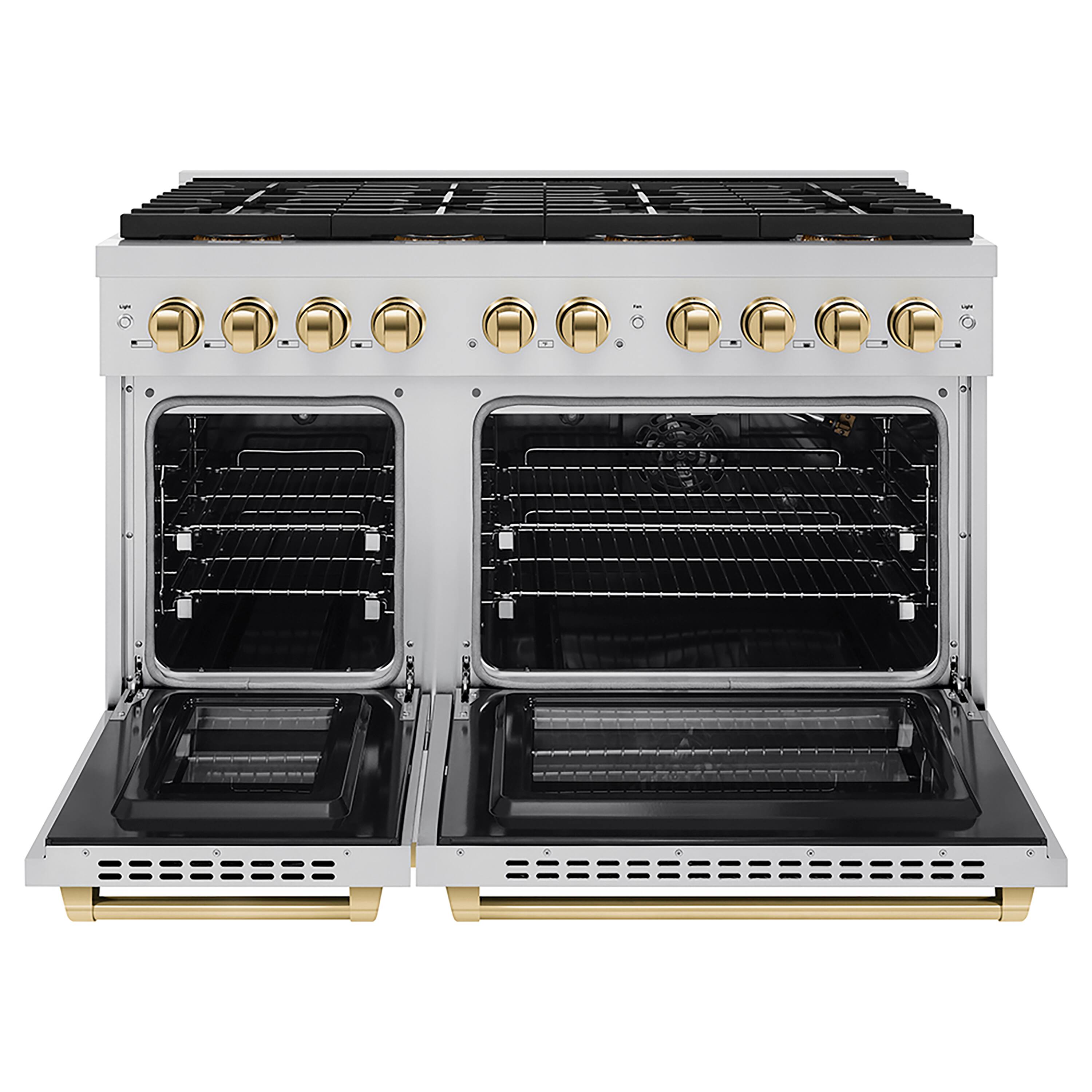 Angle. ZLINE - ZLINE Autograph 48 in. Paramount Gas Range with 8 Burner DuoPro Cooktop w/ Polished Gold Accents (PSGRZ-48-G) - Stainless Steel.