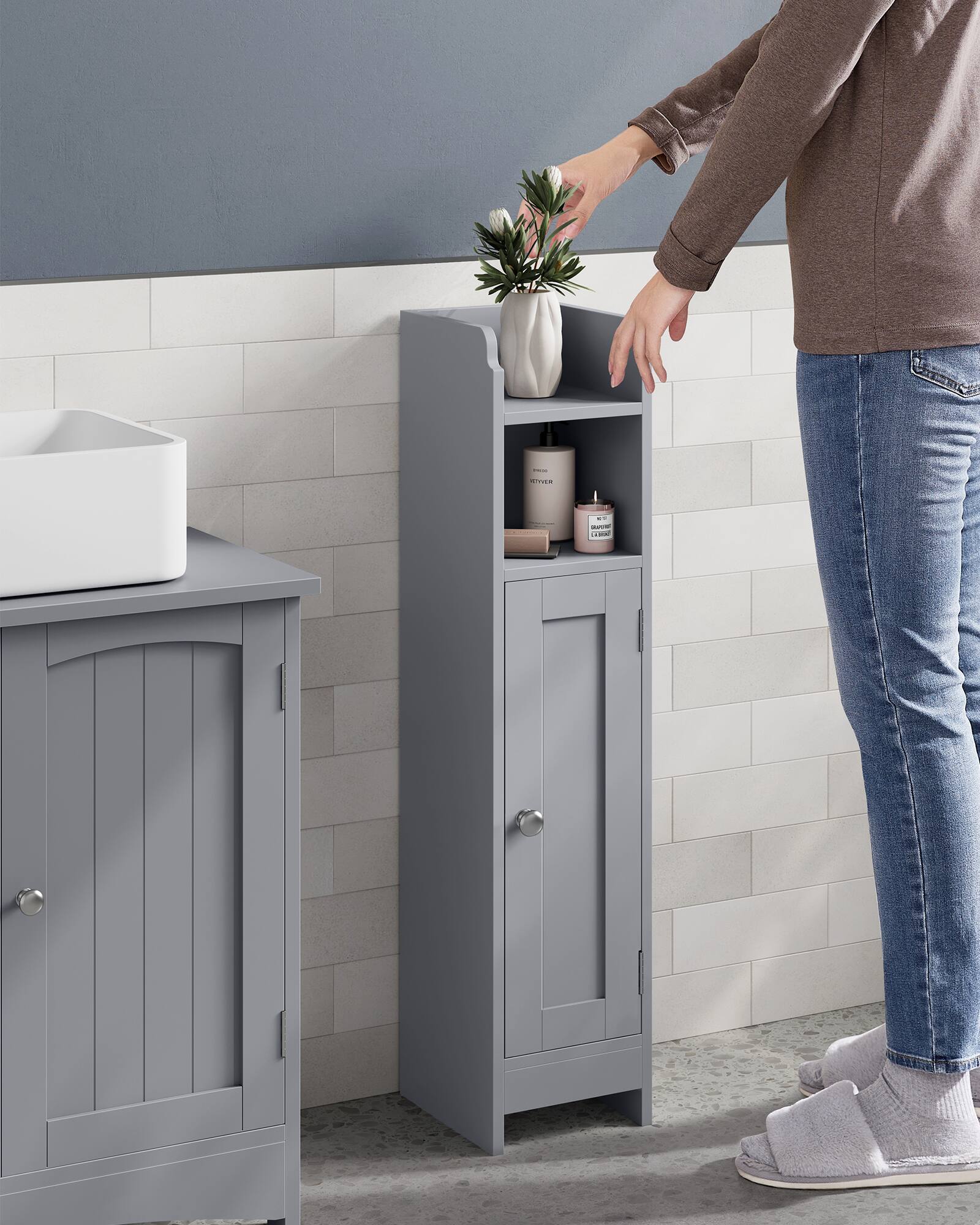 Alt View 5. Songmics Home - Small Storage Corner Floor Cabinet, 7.9 x 7.1 x 31.5 Inches, Narrow Toilet Paper Storage Holder, Adjustable Shelves - Dove Gray.