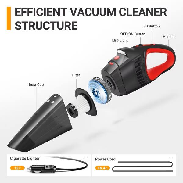 EFFICIENT VACUUM CLEANER STRUCTURE

- LED Button
- OFF/ON Button
- LED Light
- Handle
- Filter
- Dust Cup
- Cigarette Lighter
- Power Cord

12v
16.4
