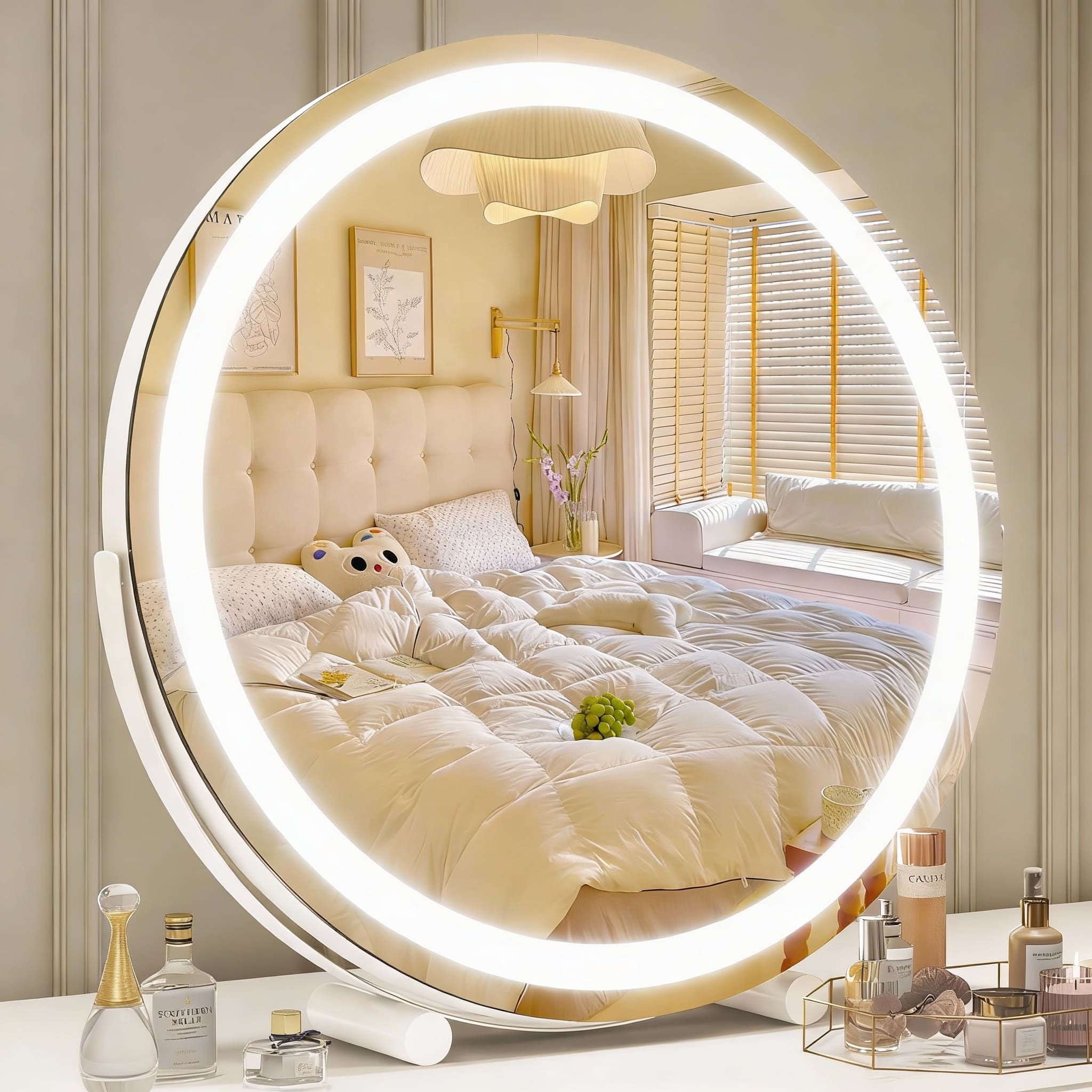 PO3TICJUNKI3 - 12" Gold Lighted Makeup Mirror, 3-Color Dimmable LED, 360° Rotating Tabletop - White 18"L x 18"W