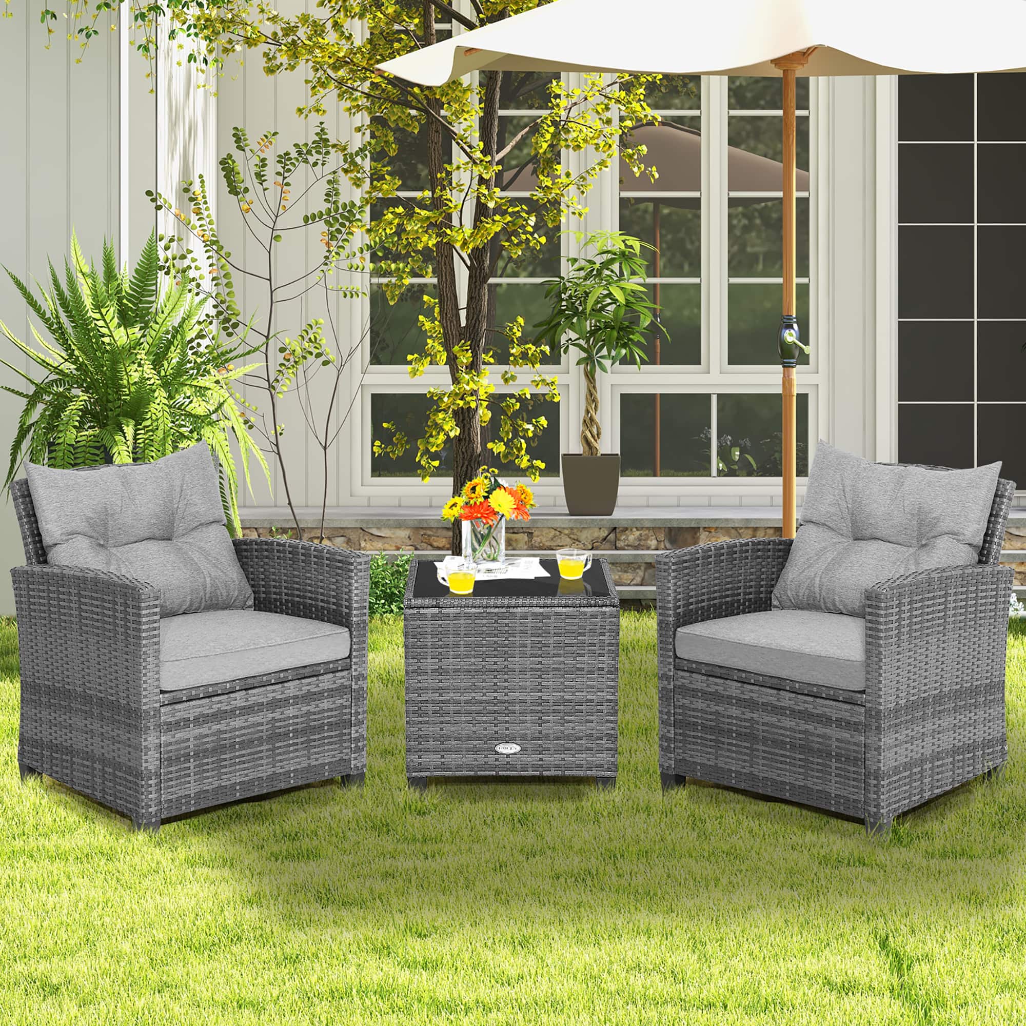 Alt View 1. Costway - 3PCS Patio Rattan Furniture Bistro Set Cushioned Sofas Side Table Armrest - Grey Rattan & Grey Cushion.
