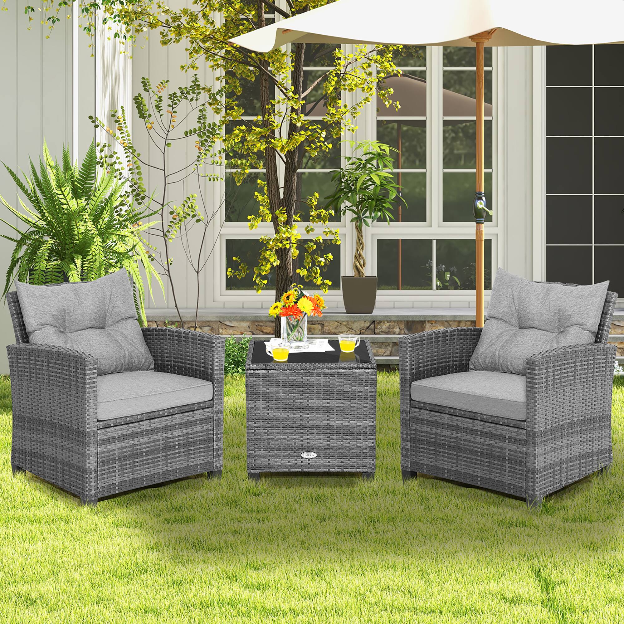 Alt View 1. Costway - 3PCS Patio Rattan Furniture Bistro Set  Cushioned Sofas Side Table Armrest - Grey Rattan & Grey Cushion.
