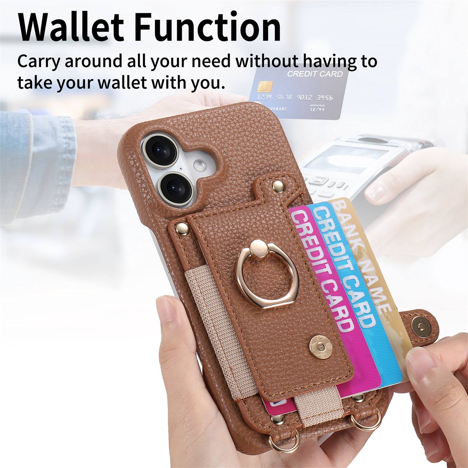 Wallet Function  
Carry around all your need without having to take your wallet with you.  

CREDIT CARD  
1234 5678 9012 3456  
12/99  
BRBIEC  
BANK NAME  
CREDIT CARD  
CREDIT CARD