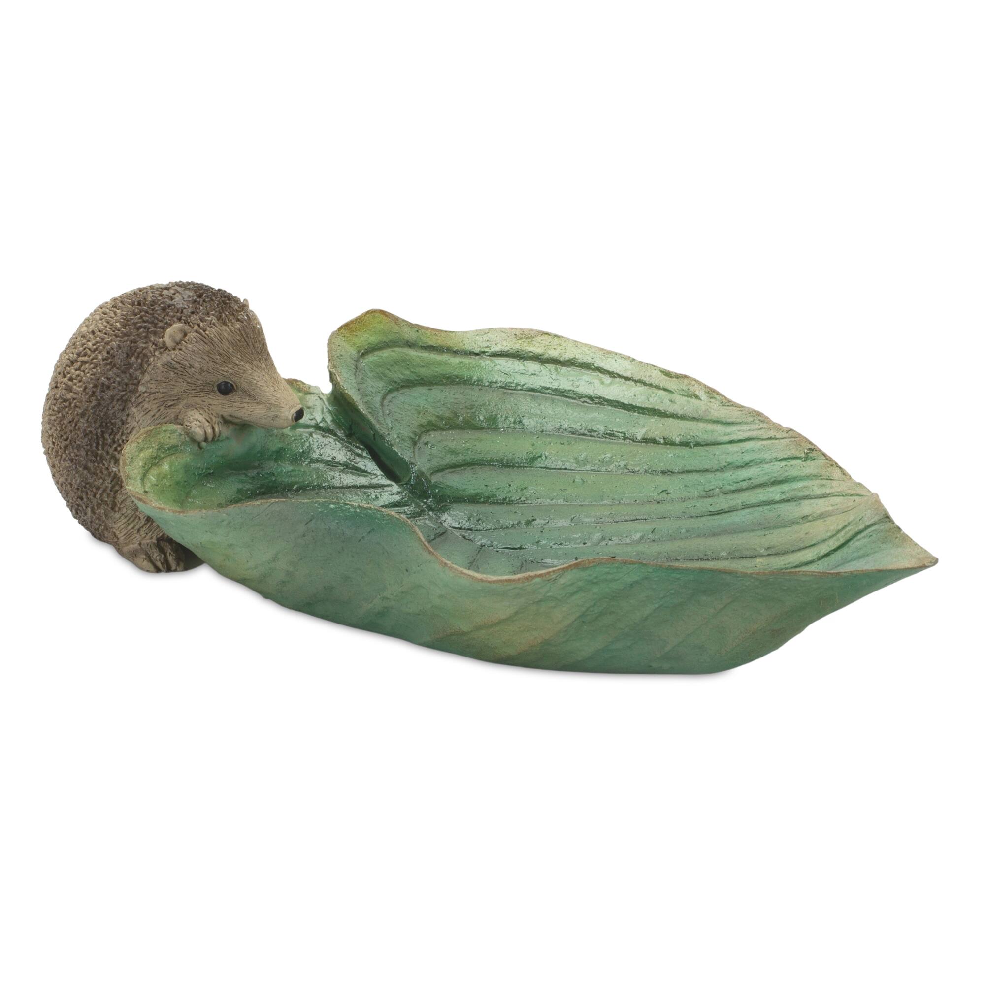Angle. BreeBe - Garden Leaf Bird Bath with Hedgehog Accent (Set of 2) - Green.