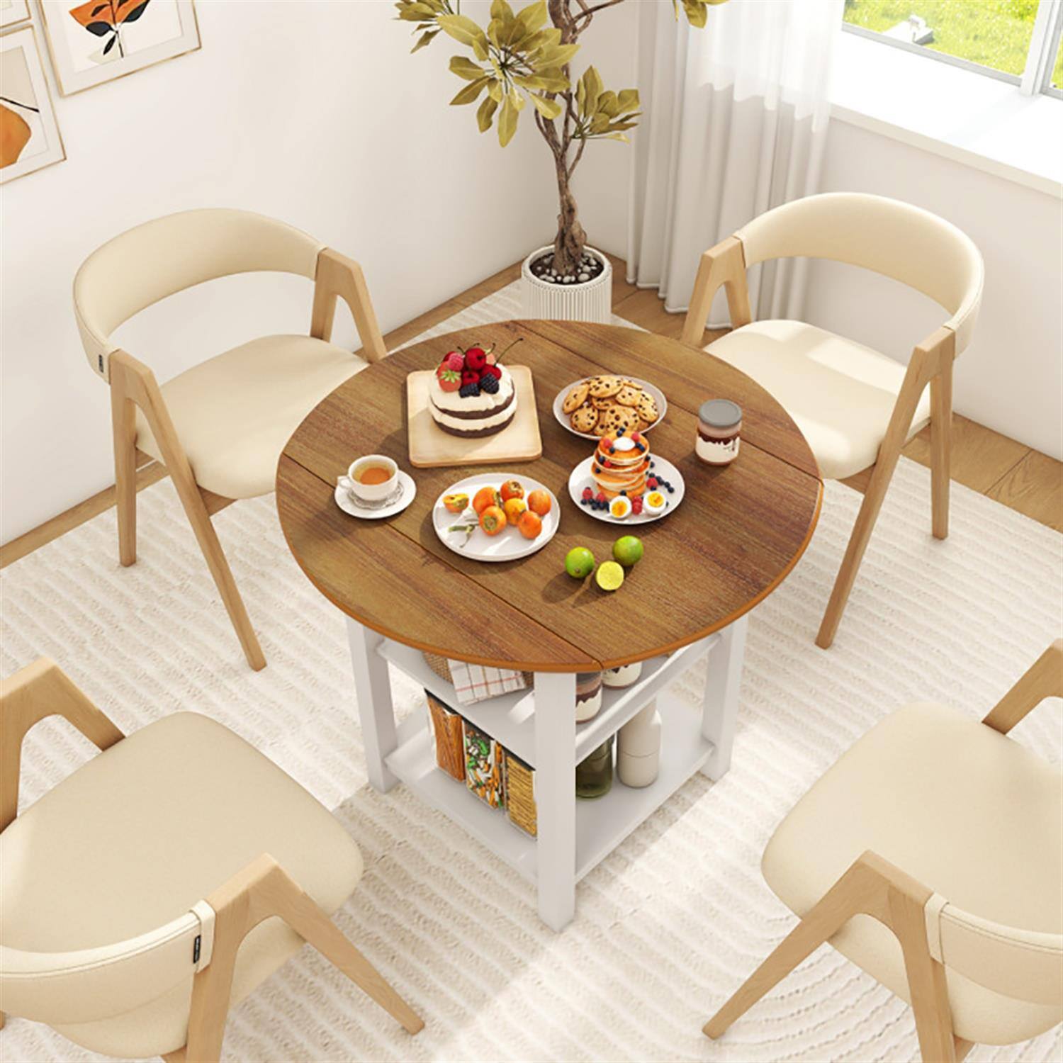 Left. Pefilos - 40" Modern Dining Table with 2 Shelves, Kitchen Table for 2-4 People, Folding Round Dinner Table for Home Office - Brown.