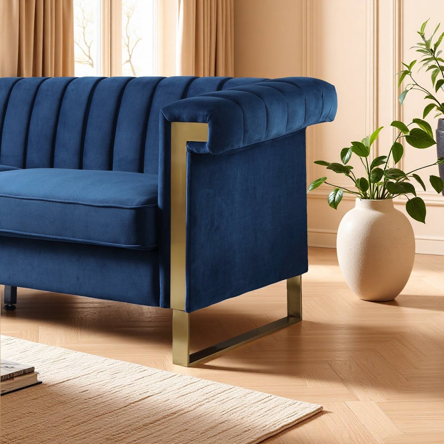 Alt View 3. Anysun - Modern 3-Seat Cream Velvet Sofa with Gold Accents - Channel-Tufted for Living Room & Office. - Blue.