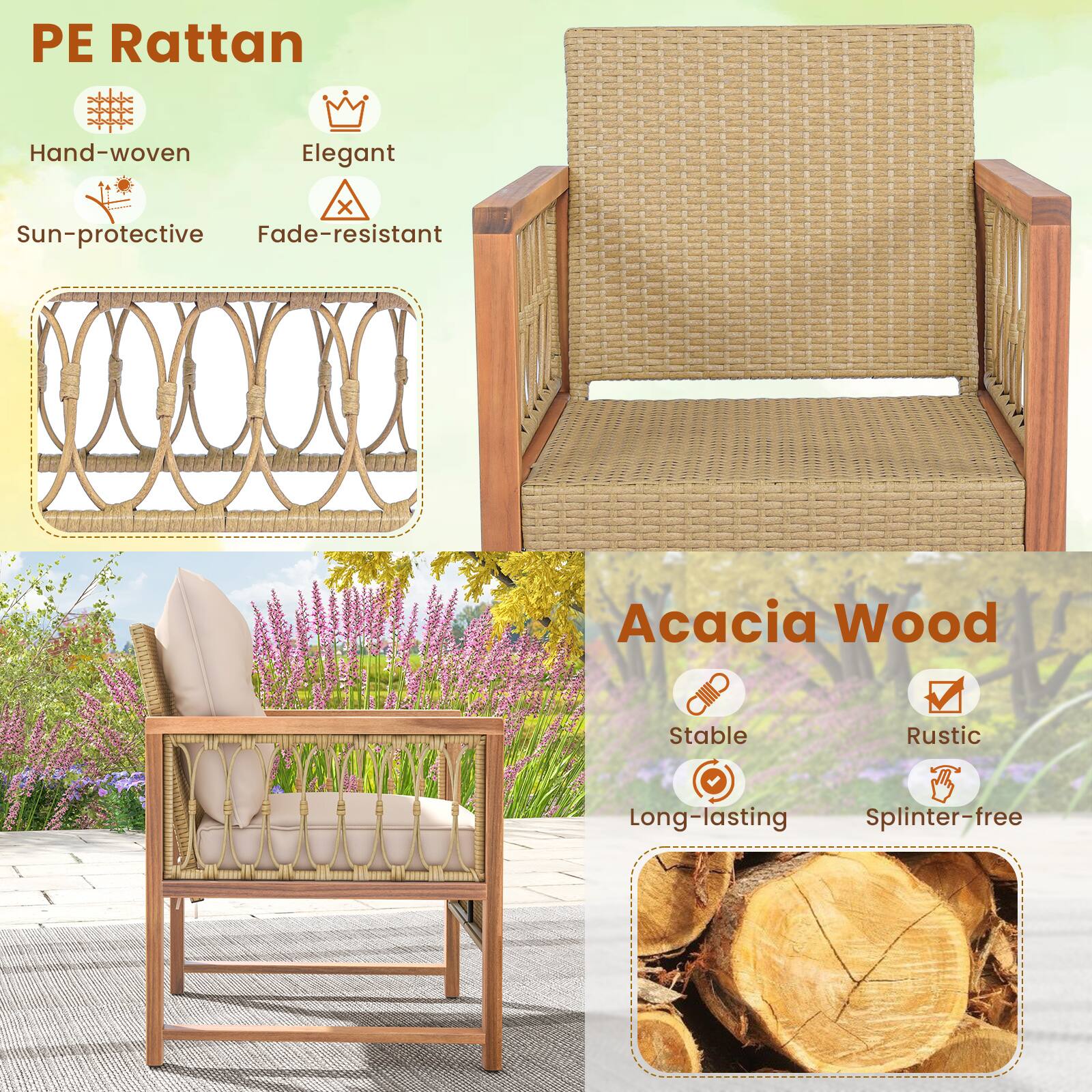 PE Rattan is a hand-woven, elegant chair made from sun-protective, fade-resistant Acacia Wood. It is stable, rustic, and long-lasting, ensuring that it will not splinter over time.