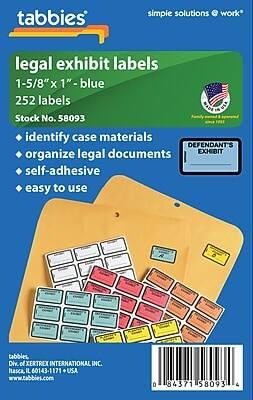 tabbies  
simple solutions @ work  

legal exhibit labels  
1-5/8" x 1" - blue  
252 labels  
Stock No. 58093  

- identify case materials  
- organize legal documents  
- self-adhesive  
- easy to use  

DEFENDANT'S EXHIBIT  

tabbies  
Div. of XERTREX INTERNATIONAL INC.  
Itasca, IL 60143-1171 USA  
www.tabbies.com  

0 84371 58093 4